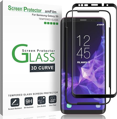 amFilm Protector de pantalla de vidrio para Samsung Galaxy S9 vidrio templado curvado 3D matriz de puntos con bandeja de fácil instalación