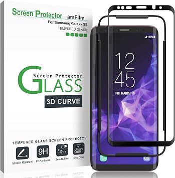 amFilm Glass Screen Protector for Samsung Galaxy S9, 3D Curved Tempered Glass, Dot Matrix with Easy Installation Tray, Case Friendly Black, 1 Pack