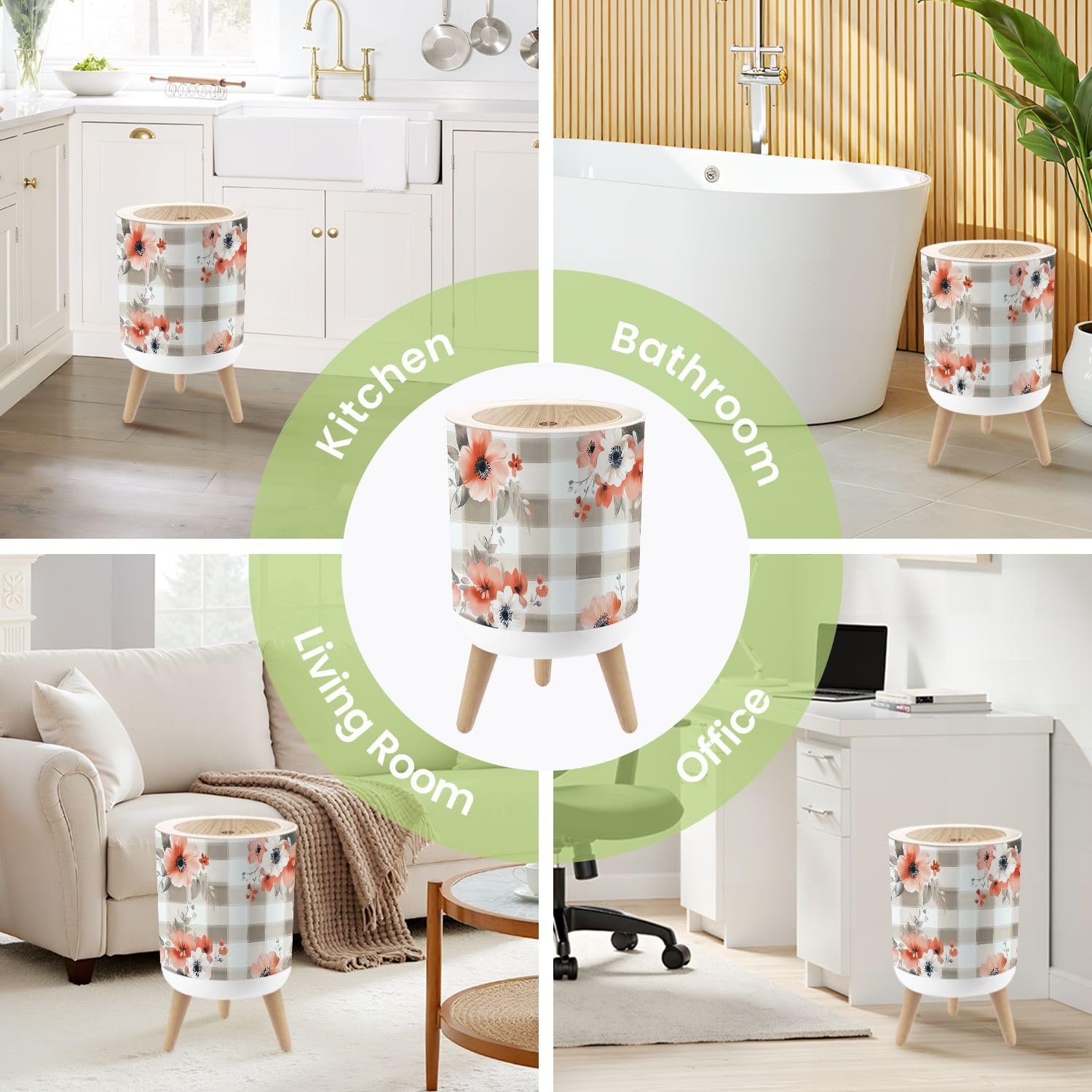 Small Trash Can with Lid Beautiful beige white check gingham floral seamless tileable Round Press Top Garbage Can with Legs Trash Bin Waste Basket for Kitchen Bedroom Bathroom 7L/1.8 Gallon