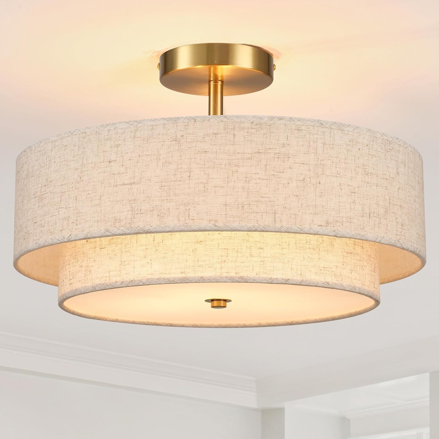18" Semi Flush Mount Ceiling Light with Fabric Lampshade Modern Drum Ceiling Lamp Gold Ceiling Light Fixture for Dining Room Kitchen Bedroom Living Room Fabric-Gold