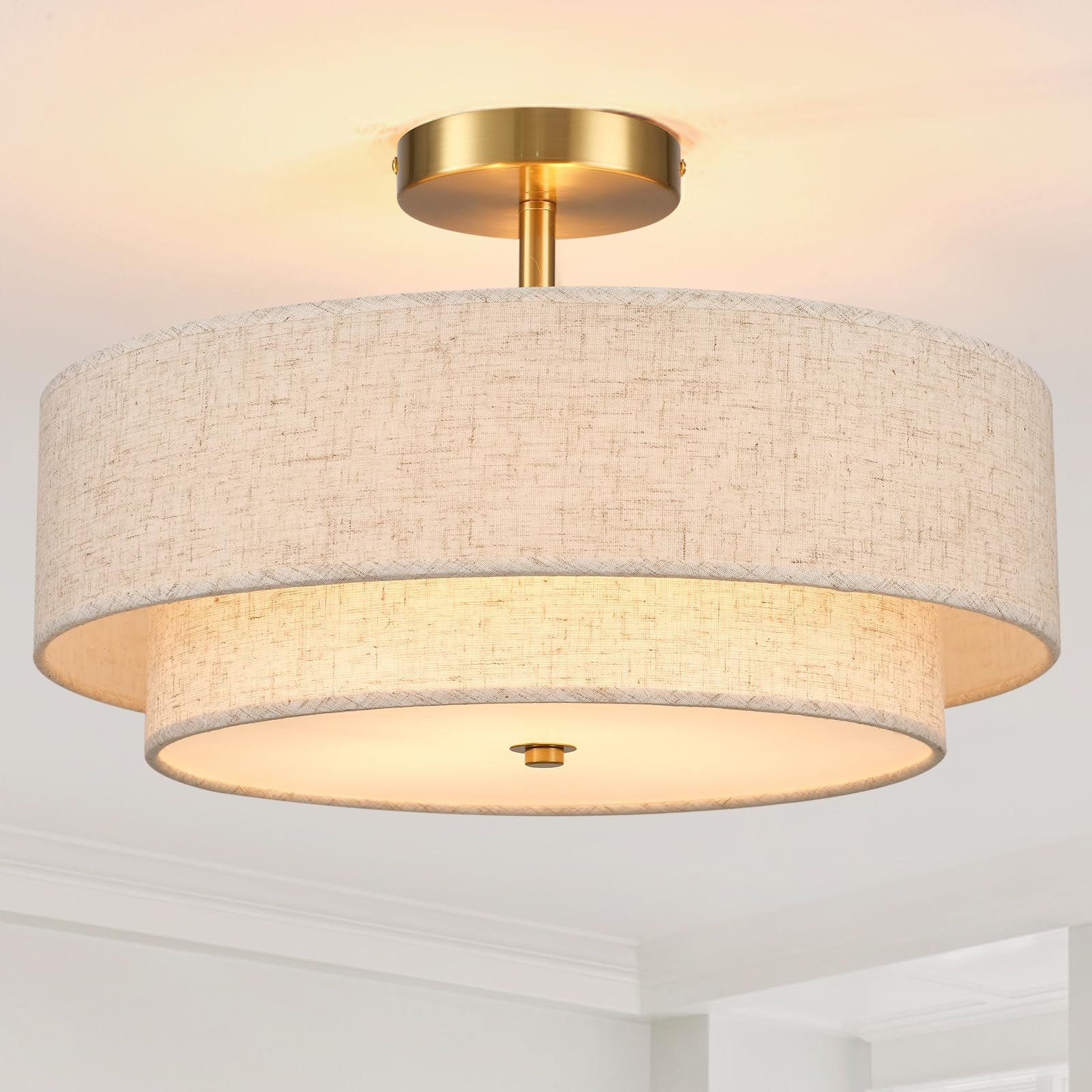 Photo 1 of Fenluster 18" Semi Flush Mount Ceiling Light with Fabric Lampshade Modern Drum Ceiling Lamp Gold Ceiling Light Fixture for Dining Room Kitchen Bedroom Living Room
