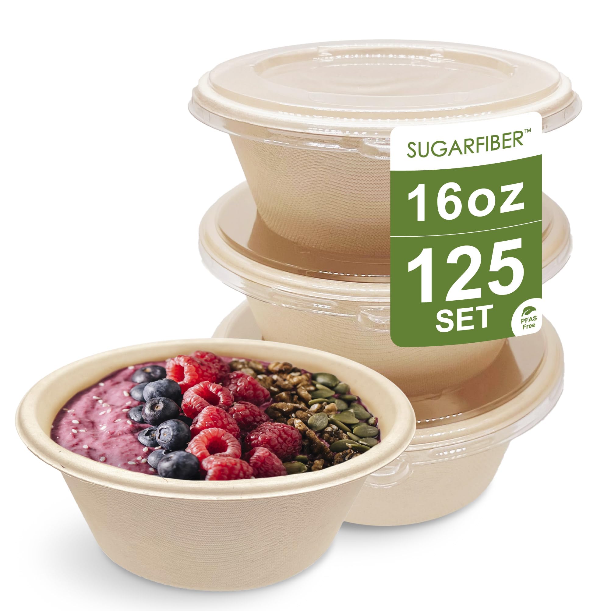 [125 SET]Sugarfiber by Harvest Pack 16oz PFAS FREE Round Paper Bowls with Flat Lids, Heavy-Duty Eco-Friendly Disposable Bagasse Bowls Sugarcane