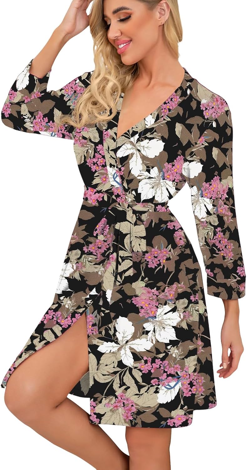 PrinStory Womens Robe Lightweight Short Knit Bathrobe Soft Ladies Sleepwear with Pockets - Image 3