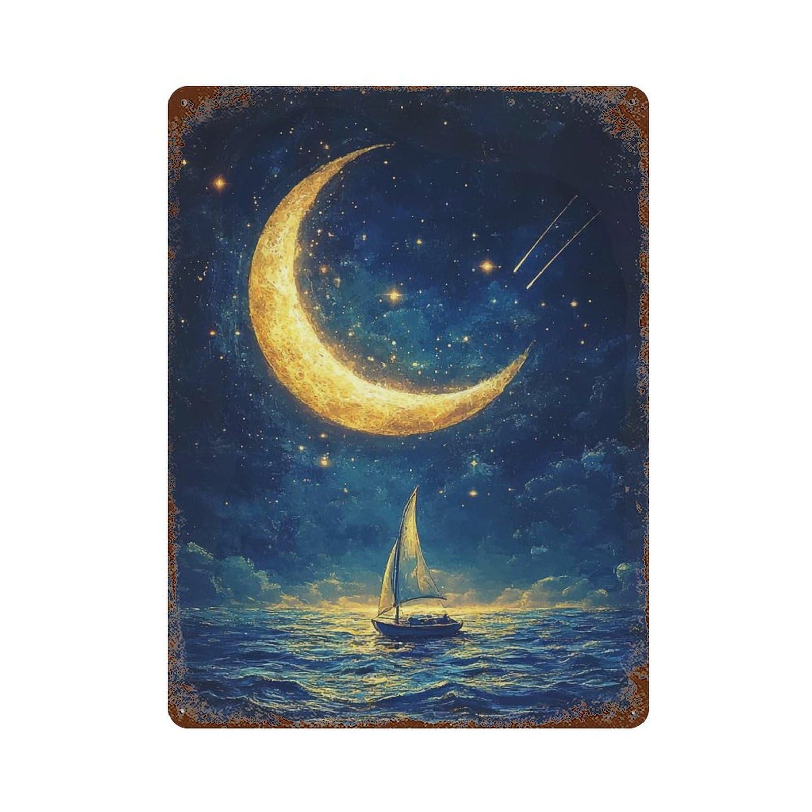 Vintage Rust Metal Sign with Sailboat Under Crescent Moon Design 15.7"x11.8", for Shed, Workshop And Garage Wall Decor, Classic Wall Plaque