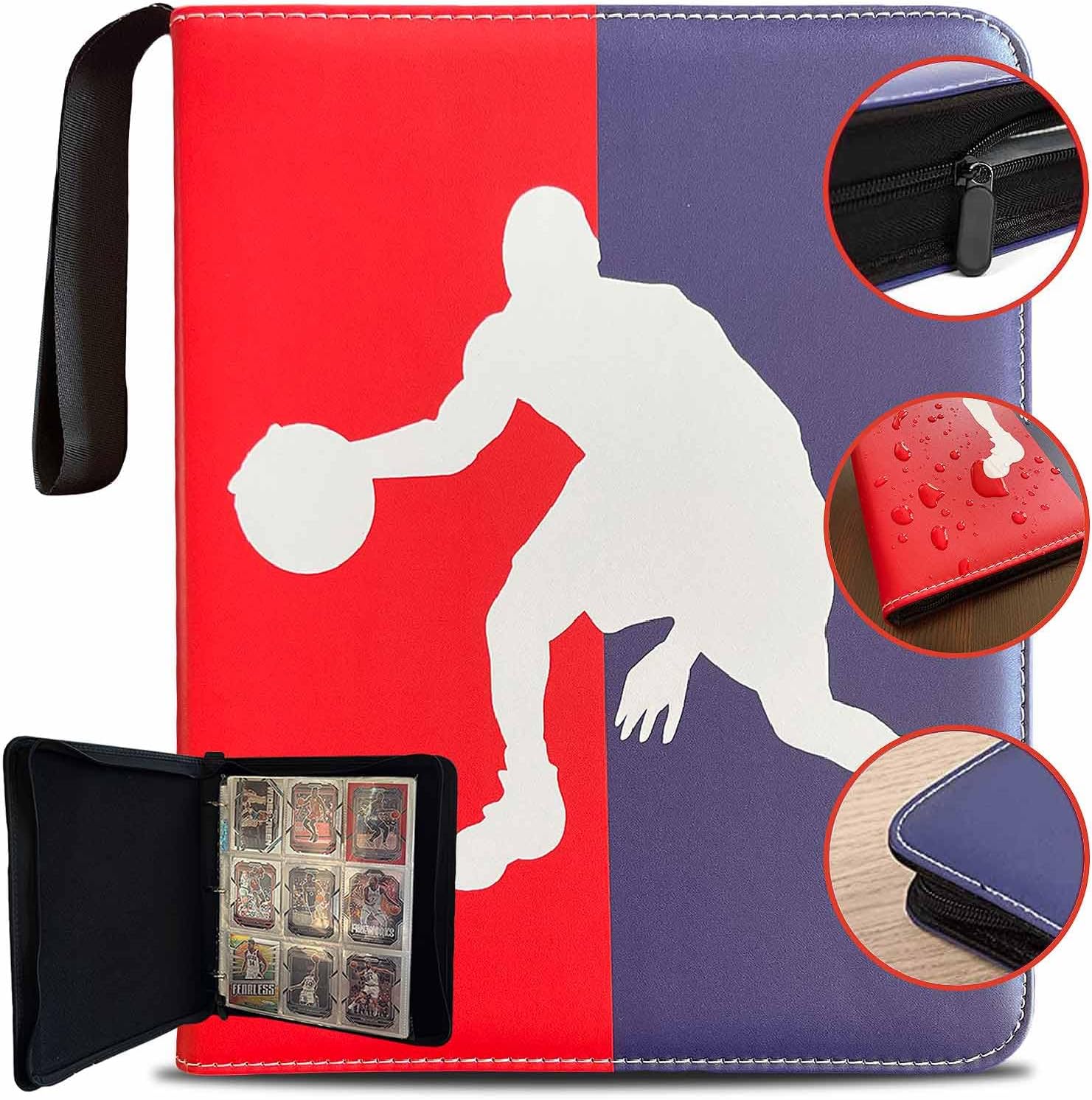 Card Binder with Sleeves - 3 Ring Waterproof Card Album with 50 Sleeves, Zipper Close, Large Capacity Card Holder Stores 900 Sports and TCG Cards (Basketball)