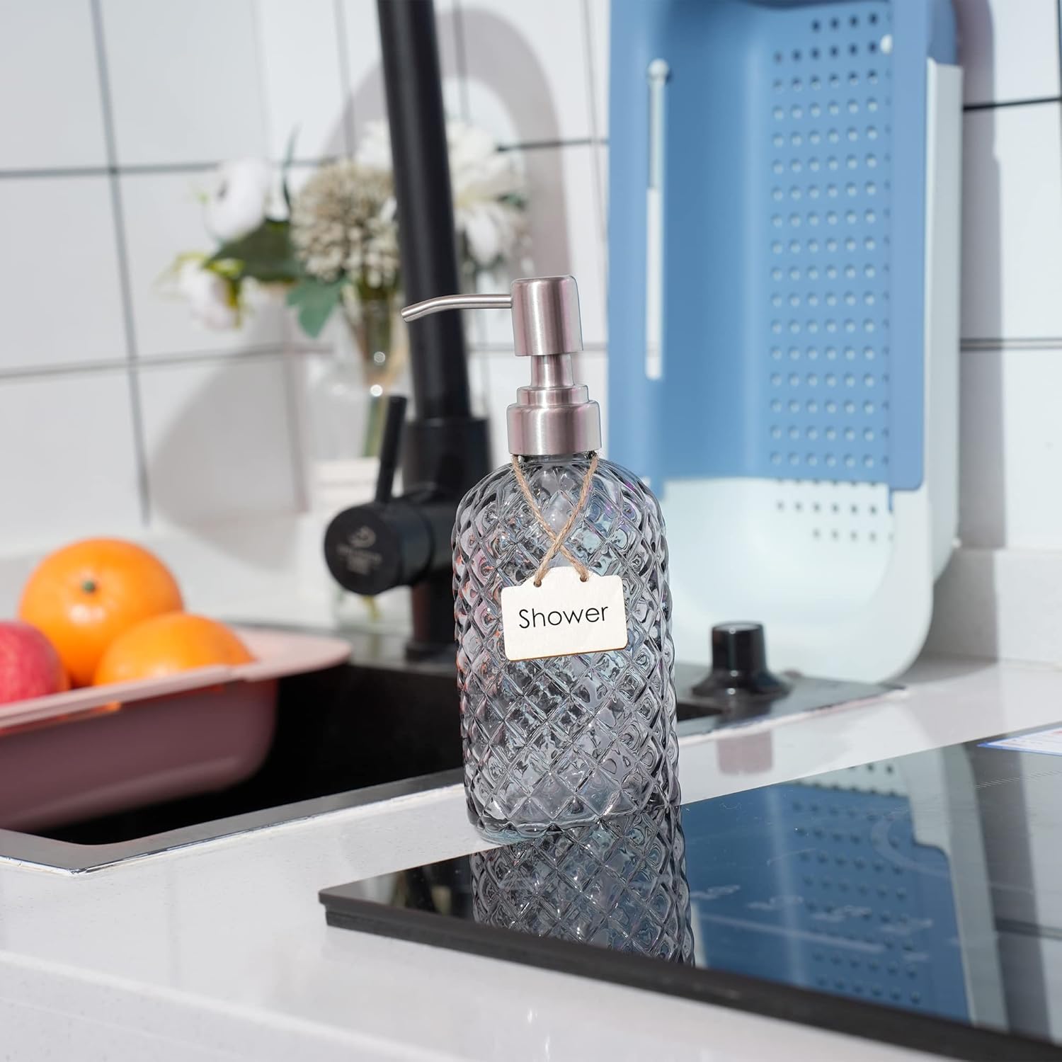 16 oz Diamond Pattern Glass Soap Dispenser, Kitchen and Bathroom Refillable Soap Dispenser with Rust Resistant Stainless Steel Pump for Hand Soap, Lotion Glass Liquid Dispenser (Grey) - Image 2