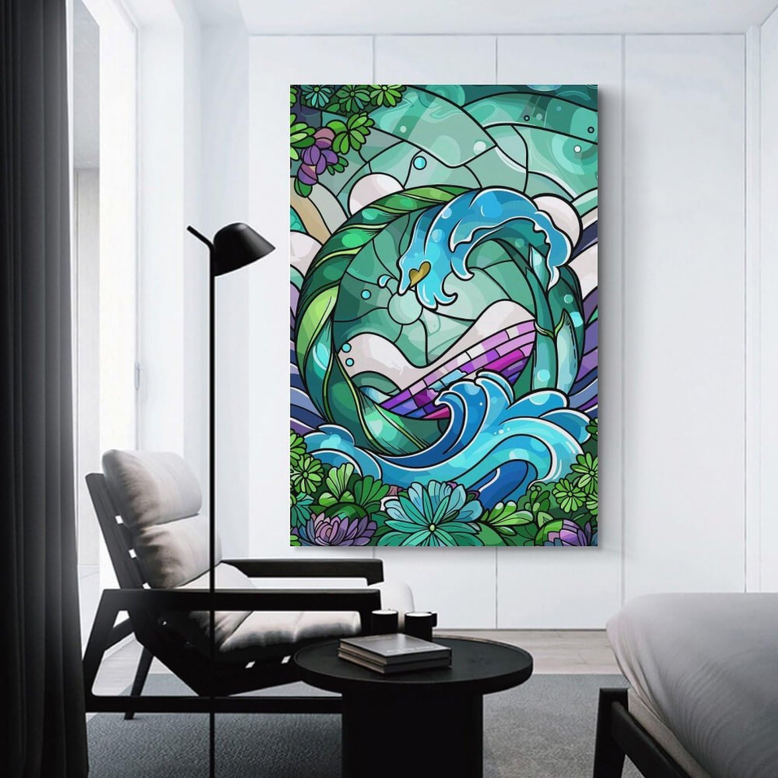 Junmoney Canvas Wall Decor Stained Glass Wave And Floral Design, 16x24inch(40x60cm), for Living Room, Bedroom, Office Or Hallway, Stylish Home Artwork for Focal Walls