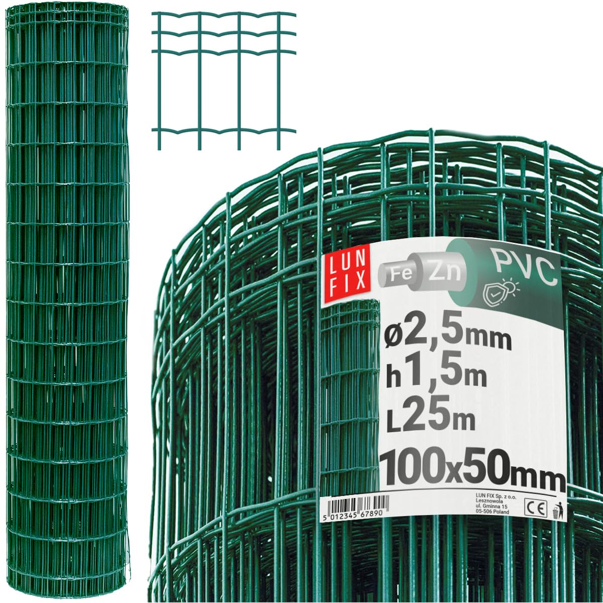 Maschendrahtzaun 10 x 5 cm Ø 2.5 mm 1.5 m x 25 m verzinkter Stahl Grün | PVC-beschichtet, Gartenzaun Hundezaun Wildzaun Hühnerzaun Drahtgitter Zaun Schweißgitter