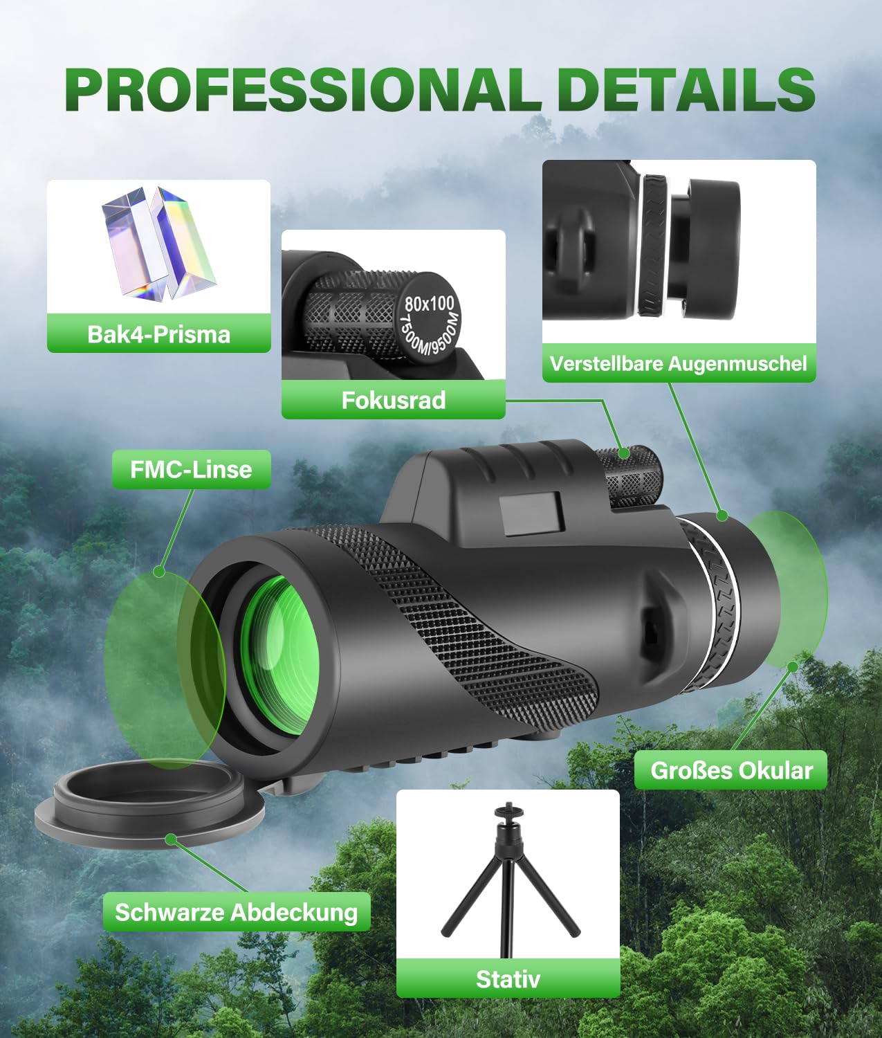 PAHTTO Monokulares Teleskop, Monokular 80x100 mit BAK4-Prisma und FMC-Objektiv, HD Monokular Teleskop Fernrohr mit Smartphone-Adapter und Stativ, für Vogelbeobachtung Jagd Wandern Konzert Sport