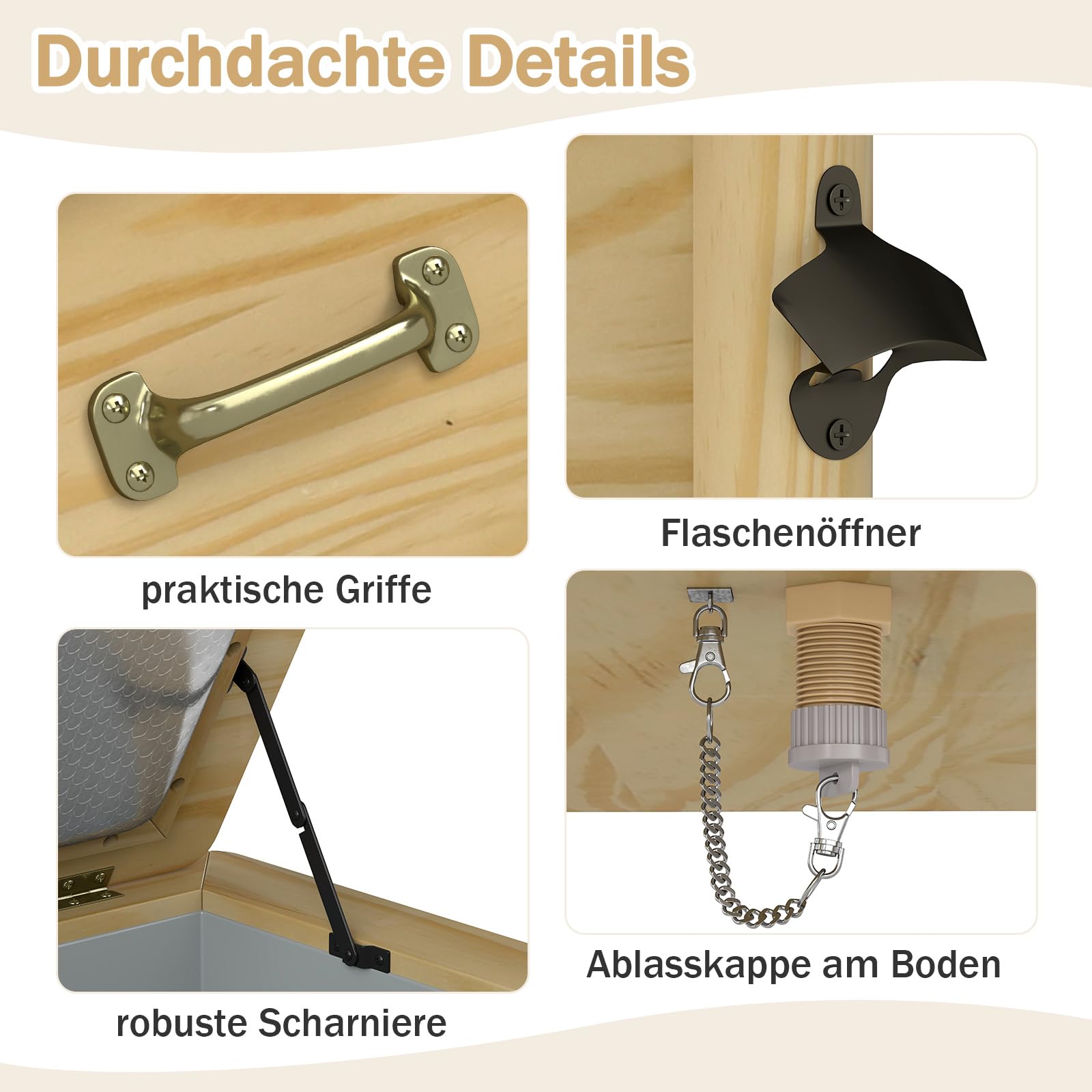 COSTWAY Getränkekühler Holz, 51 L Outdoor-Terrassenkühler mit 3 Griffen & Flaschenöffner, rustikale Eistruhe mit Abflussverschluss für Garten, Terrasse, Pool, Party, BBQ Cookouts, 67 x 47 x 74 cm