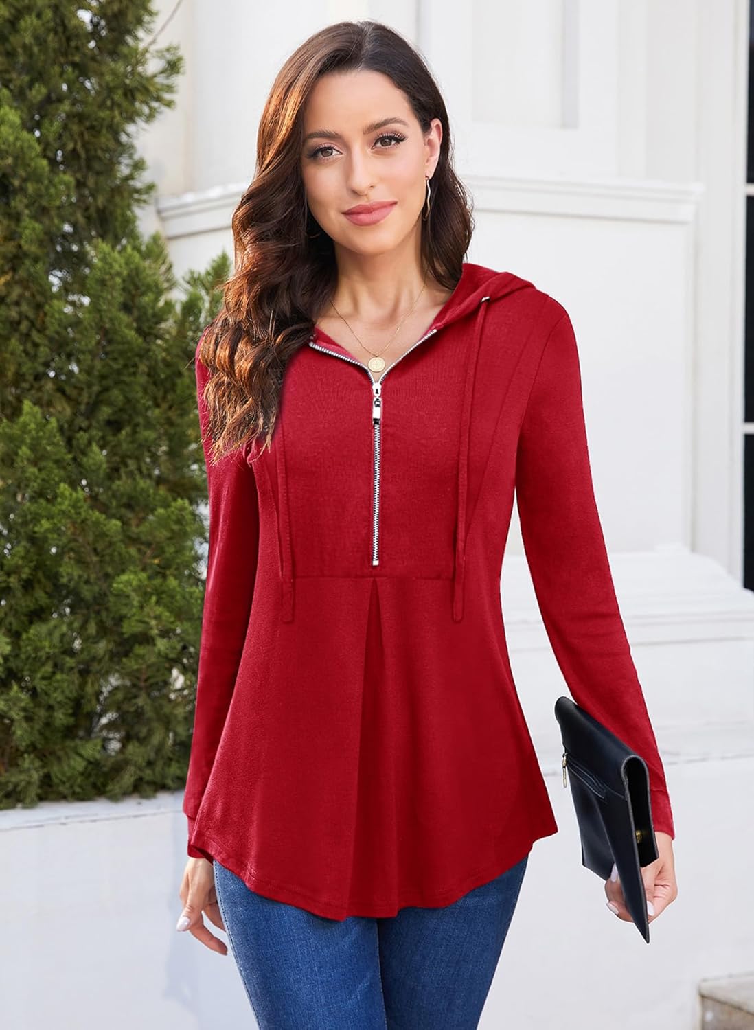 Bulotus Women's Quarter Zip Hoodies Pullover Long Sleeve Color Block Tunic Tops Drawstring Lightweight Sweatshirts - Image 2