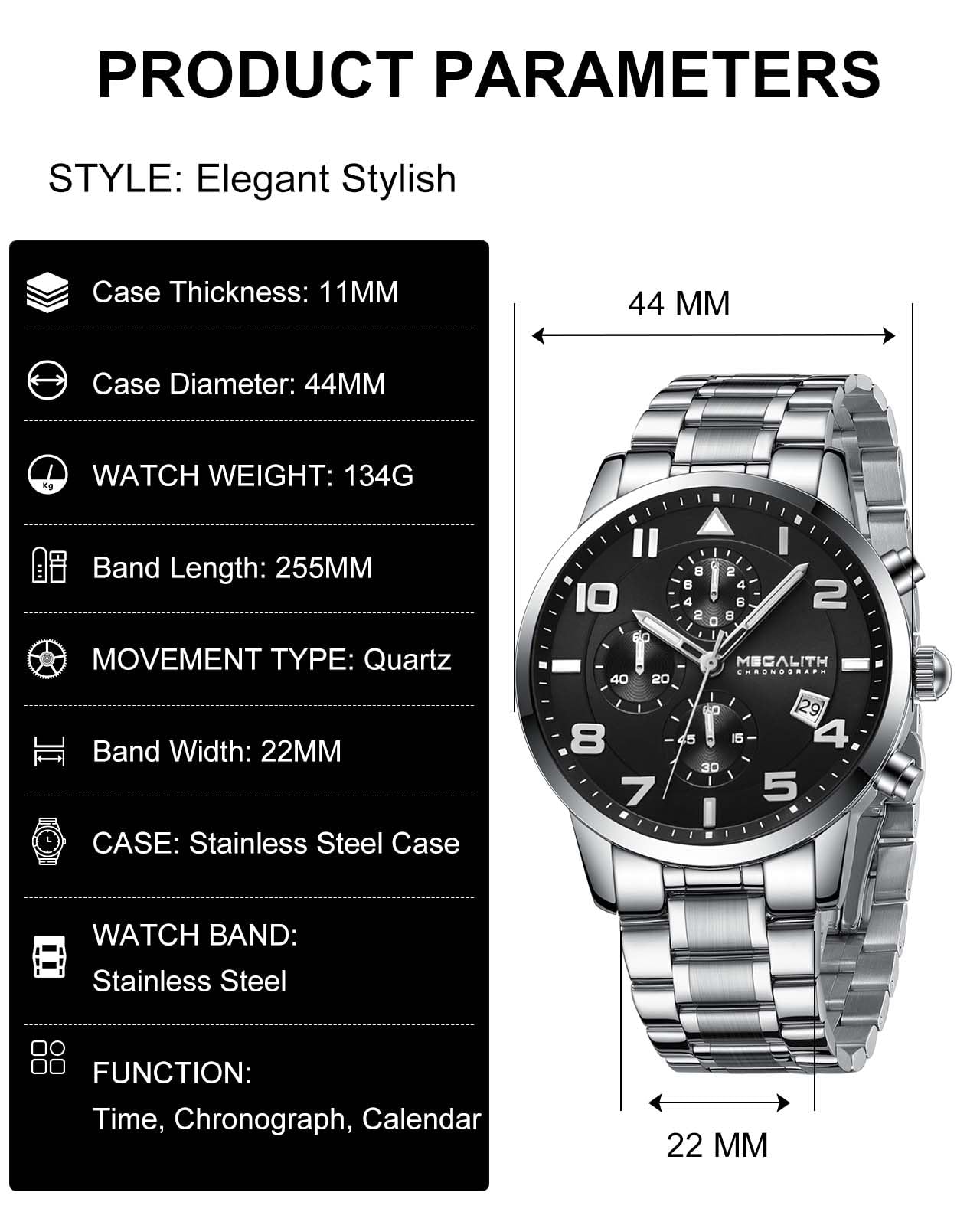 MEGALITH Reloj Hombre Cronógrafo Analogico: Esfera Grande de Fácil Lectura