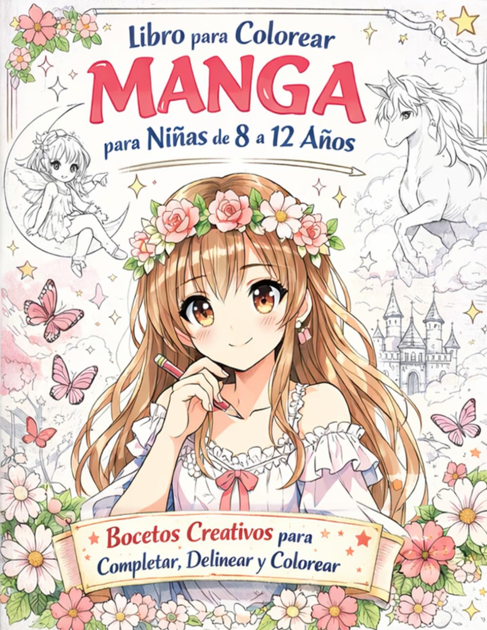 Libro para Colorear Manga para Niñas de 8 a 12 Años: Bocetos Creativos para Completar, Delinear y Colorear