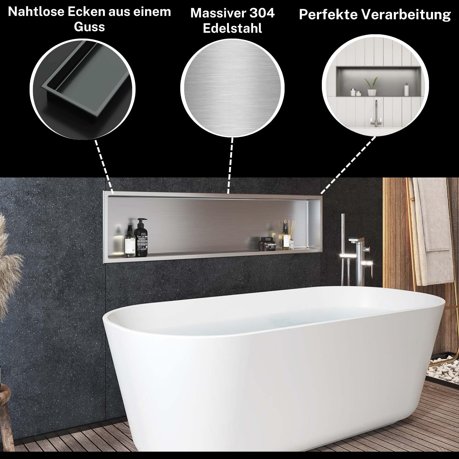 Stilform Elegante Wandnische Gebürstet (60 x 30) Duschablage Nische| Stilvolle Ablage für Badezimmer| Hochwertiges 304 Edelstahl Duschnische