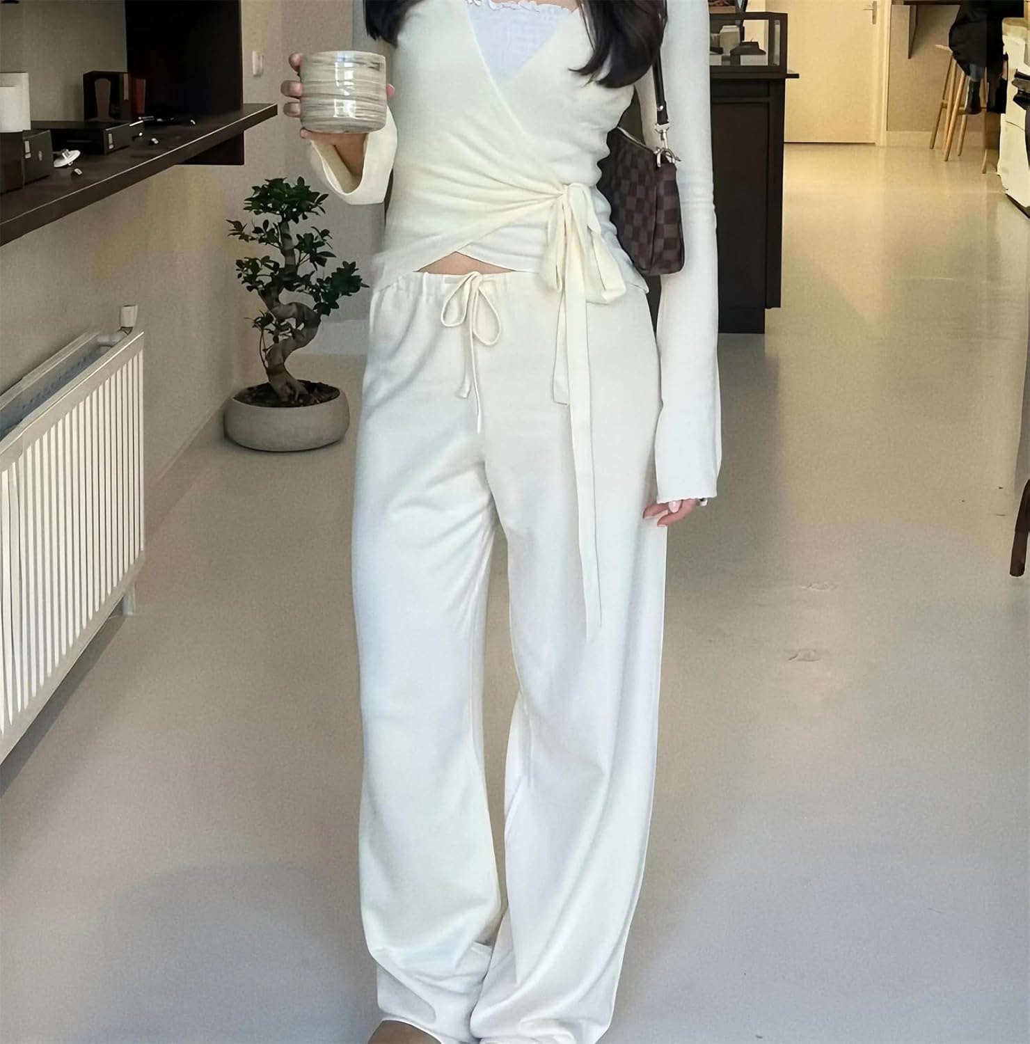 Women’S Casual Drawstring High Waist Trousers Set Lace Up Flared Sleeve V Neck Tops Loose Pants Suit Lounge Sets