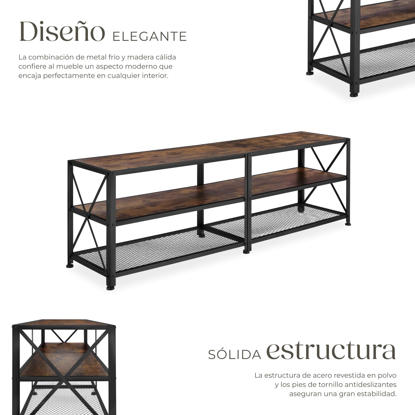 tectake® Mueble TV de Estilo Industrial, Aparador Salon para Televisor con 3 Alturas, Aparadores para Salon y Dormitorio - 161 x 41,5 x 50,5 cm Madera Industrial Oscura, Rústica