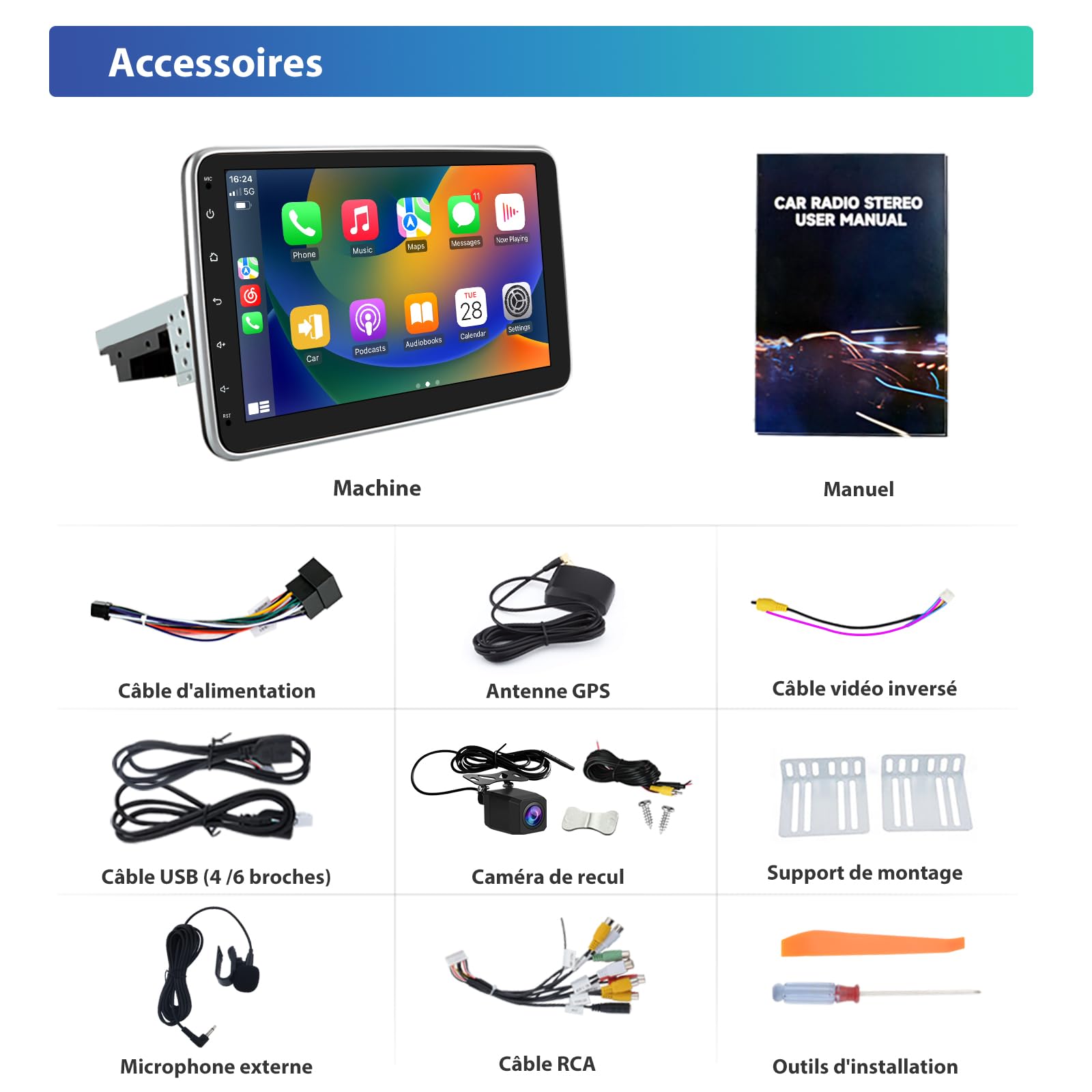 Autoradio Android 13 Universel 1 Din | 2Go + 64Go| Écran Tactile HD 10 Pouces | CarPlay & Android Auto Intégrés | Caméra de Recul | GPS, WiFi 5G, Bluetooth 5.0, FM RDS, Commandes au Volant