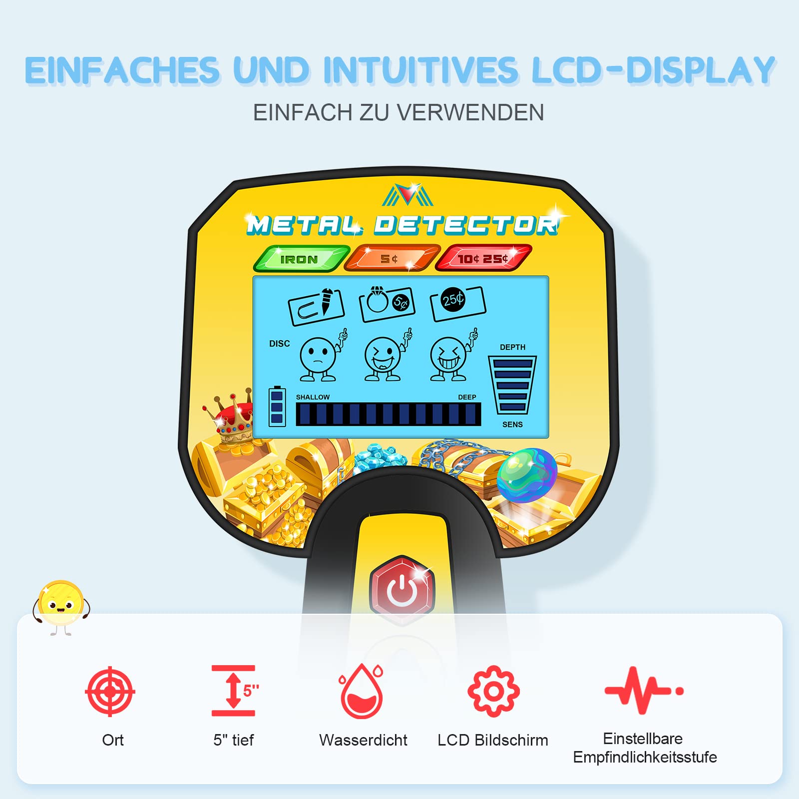 Metalldetektor für Kinder, Metalldetektor Wasserdicht mit LCD-Display, Golddetektor mit Schaufel und Rechen für Strand Schatzsuche & Outdoor Erkundung (Gelb)