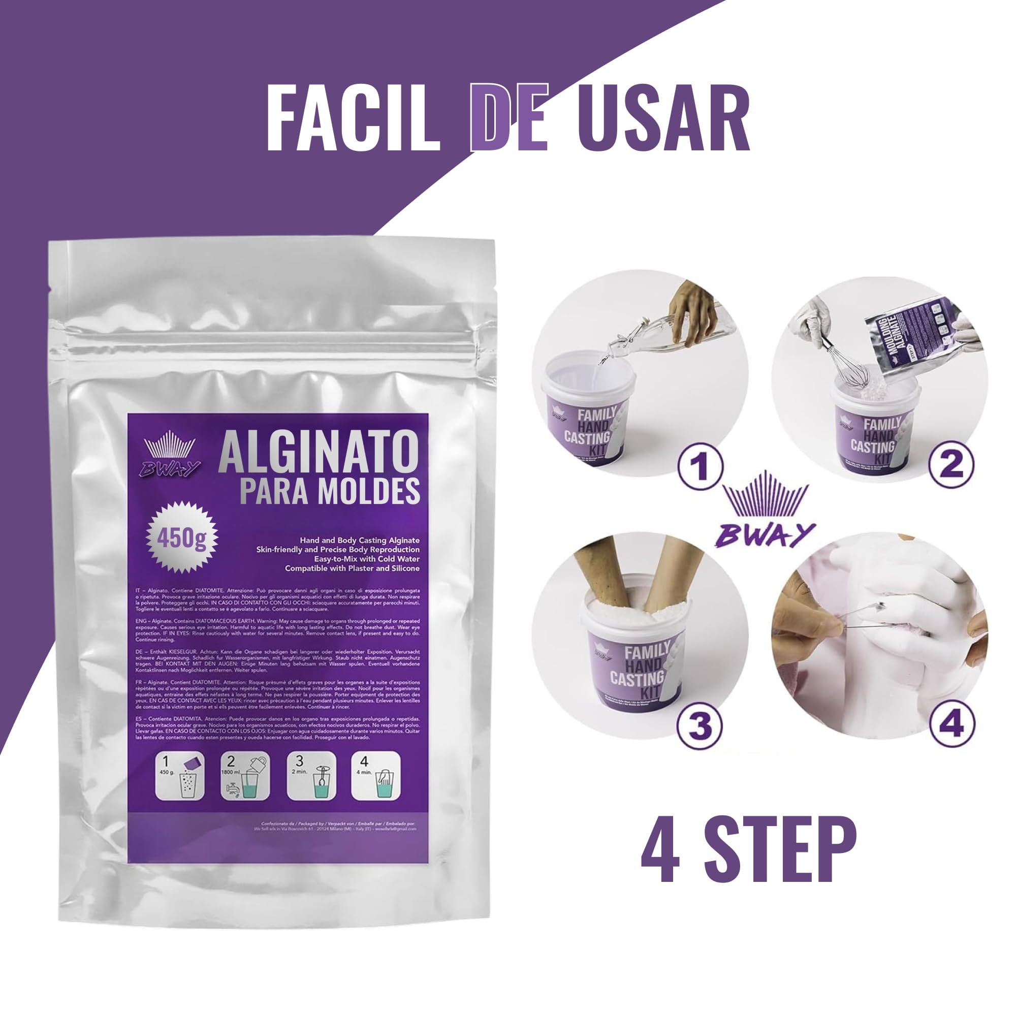 BWAY Alginato para Moldes – Ideal para Realizar Huellas de Manos de Altísima Precisión – Alginato Para Moldes De Manos de Fraguado Lento – Bolsa de 450g