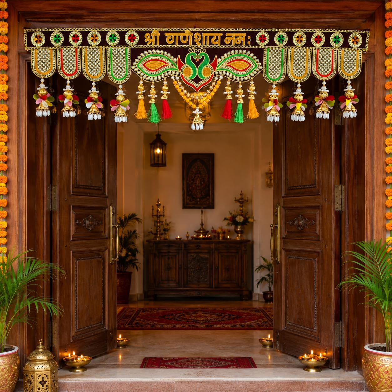 Handmade Shri Ganesh Toran for Main Door Entrance | Traditional Indian Bandhanwar with Peacock Design, Beads, Tassels & Hanging Latkans | Diwali, Navratri, Pooja, Housewarming & Home Decor (3 Feet)