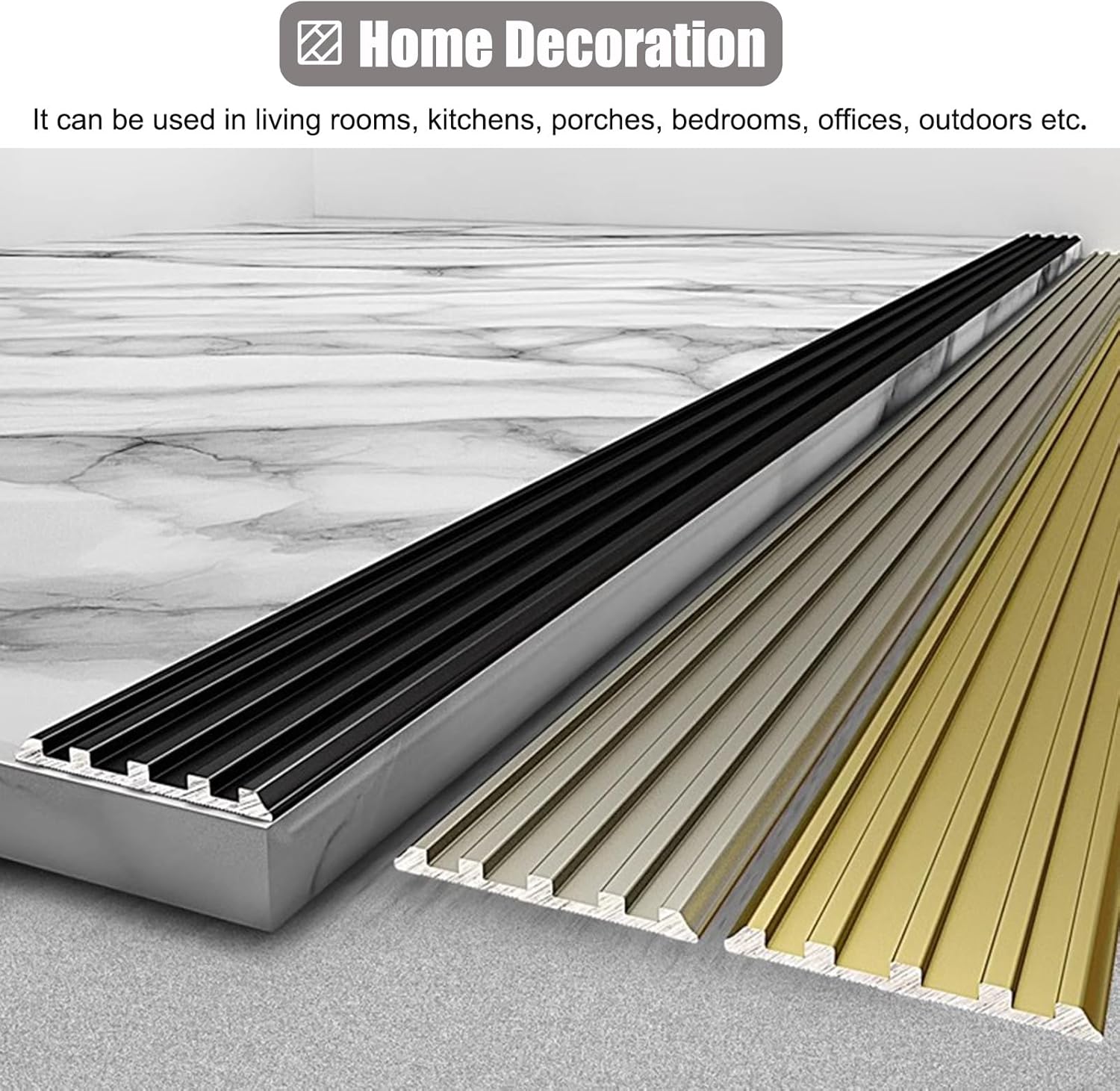 Floor Transition Strip Aluminum Thresholds Bar with Non-Slip Grooves, Fluted Transition Bar Cover Strip for Doorways, Decorative Thresholds Ramp Flap,Silver-49.5mm (2")