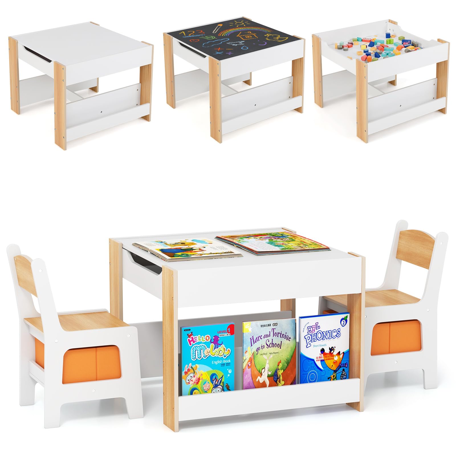 GYMAX Kids Table and Chairs Set, 4 in 1 Children Activity Desk with 2 Chairs, Reversible Tabletop, Bookshelves and Storage Bins, Wooden Toddler Table Set for Boys Girls (White+Natural, 61x61x48cm) — image 1
