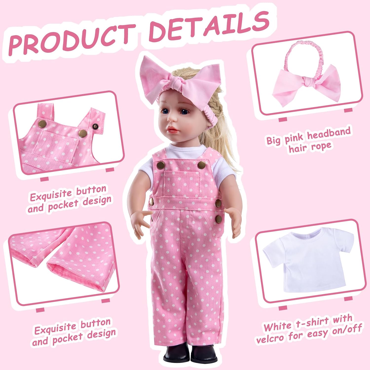Doll Clothes Accessories 3 Pcs Set with Fashion Pink Overalls Bib Pants Jumpsuit & White Short-Sleeved T-Shirt & Pink Headband Hair Rope for Doll 032
