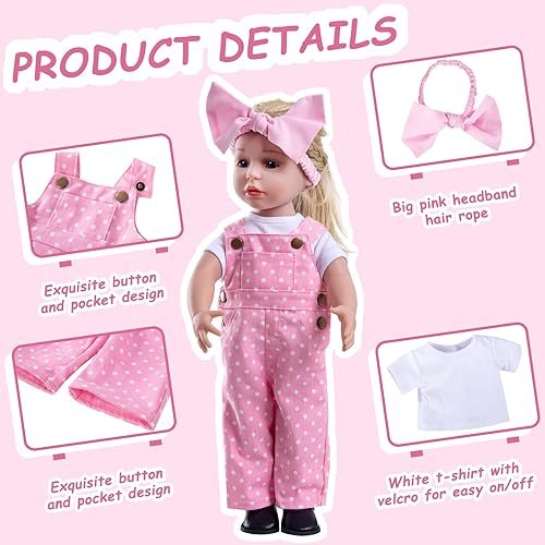 Miniatura 2 de Rakki Dolli Conjunto de 3 piezas de accesorios de ropa para muñecas con overoles rosados de moda, pantalones con peto, camiseta blanca de manga