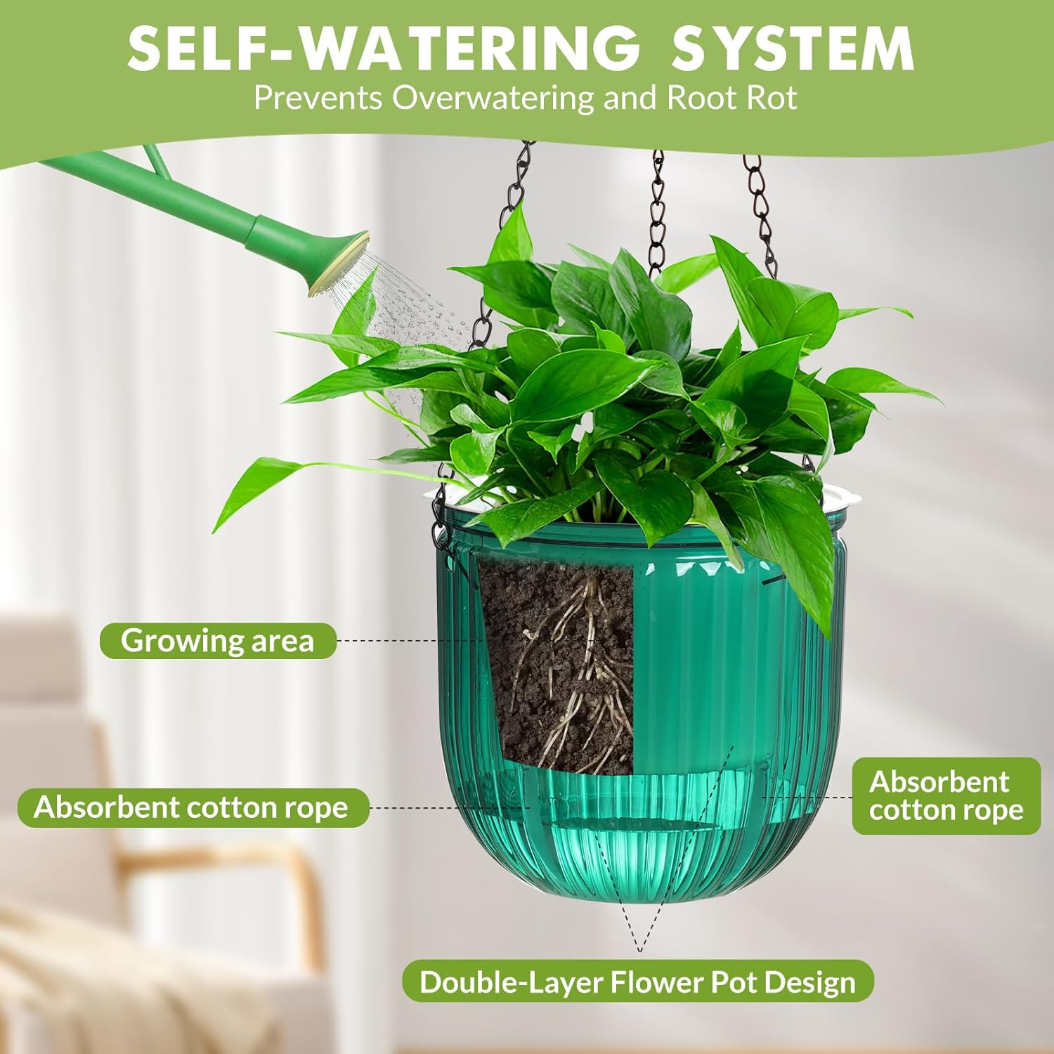 Hanging Planters for Indoor Plants, Small Self Watering Planters 3 Pack, 6.5 Inch Clear Plastic Flower Pot Outdoor, Metal Chain, Drainage Hole for Home Garden Porch Balcony Patio Window Decor
