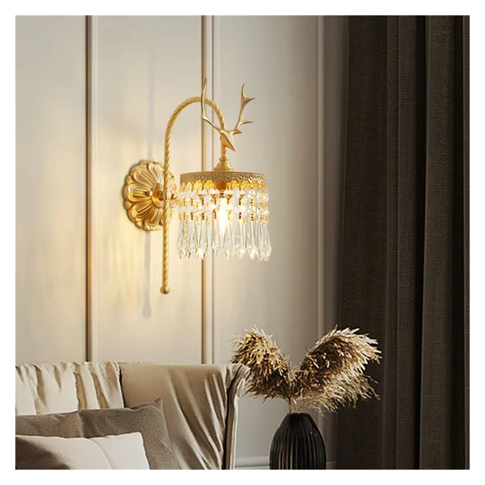 ASerZenith Luxury Retro Deer Elk Head Wall Lamp Creative European Style Villa Living Room Bedroom Bedside French Copper Led Lighting(Warm Light)