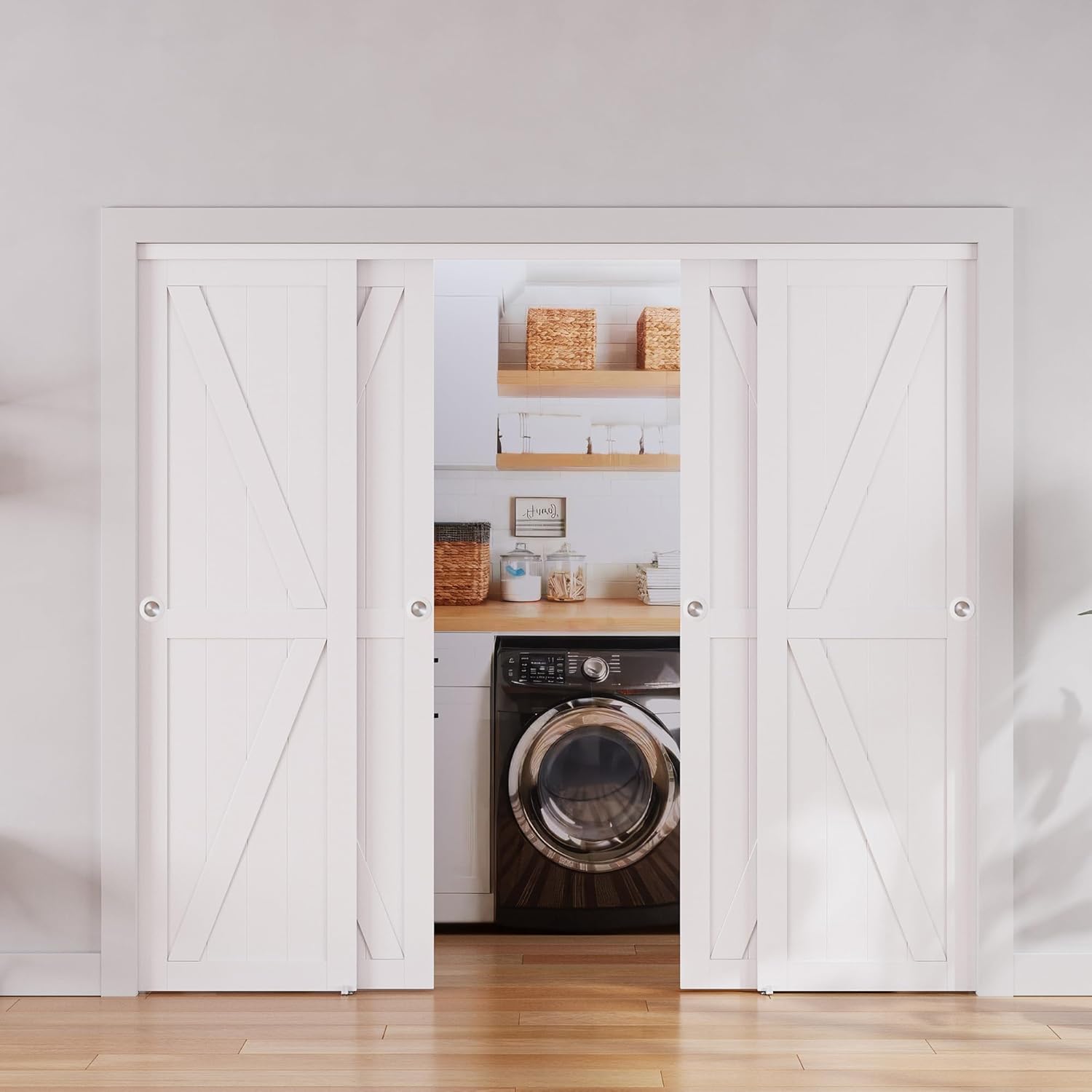 SMARTSTANDARD Closet Sliding Door, 96"×80"(Double Barn Doors 48"), Double K Shape Sliding Door with Hardware Kit, Pre-Drilled Door Panel, Need to Assemble, MDF with PVC Surface, White