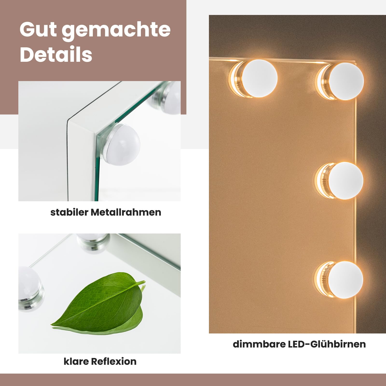 COSTWAY Hollywood Spiegel mit Beleuchtung, Tischspiegel mit 14 dimmbaren LED-Leuchten und 3 Lichtfarben, Schminkspiegel, Kosmetikspiegel mit Smart-Touch-Steuerung, 50 x 12 x 43 cm