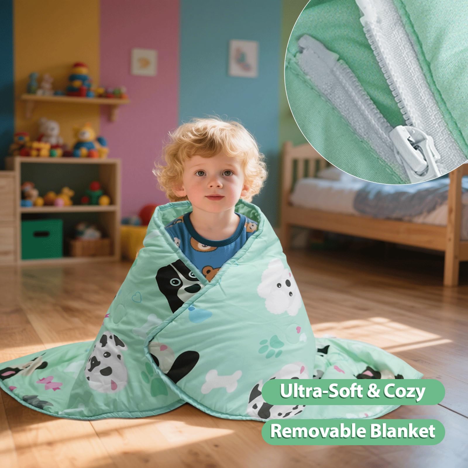 Beavtaens Toddler Nap Mat Ultra Large Thickened 55''x35'', Soft Sleeping Bag with Removable Cover Minky Blanket and Pillow, Portable for Daycare, Preschool, Travel, Boys and Girls(Dog)