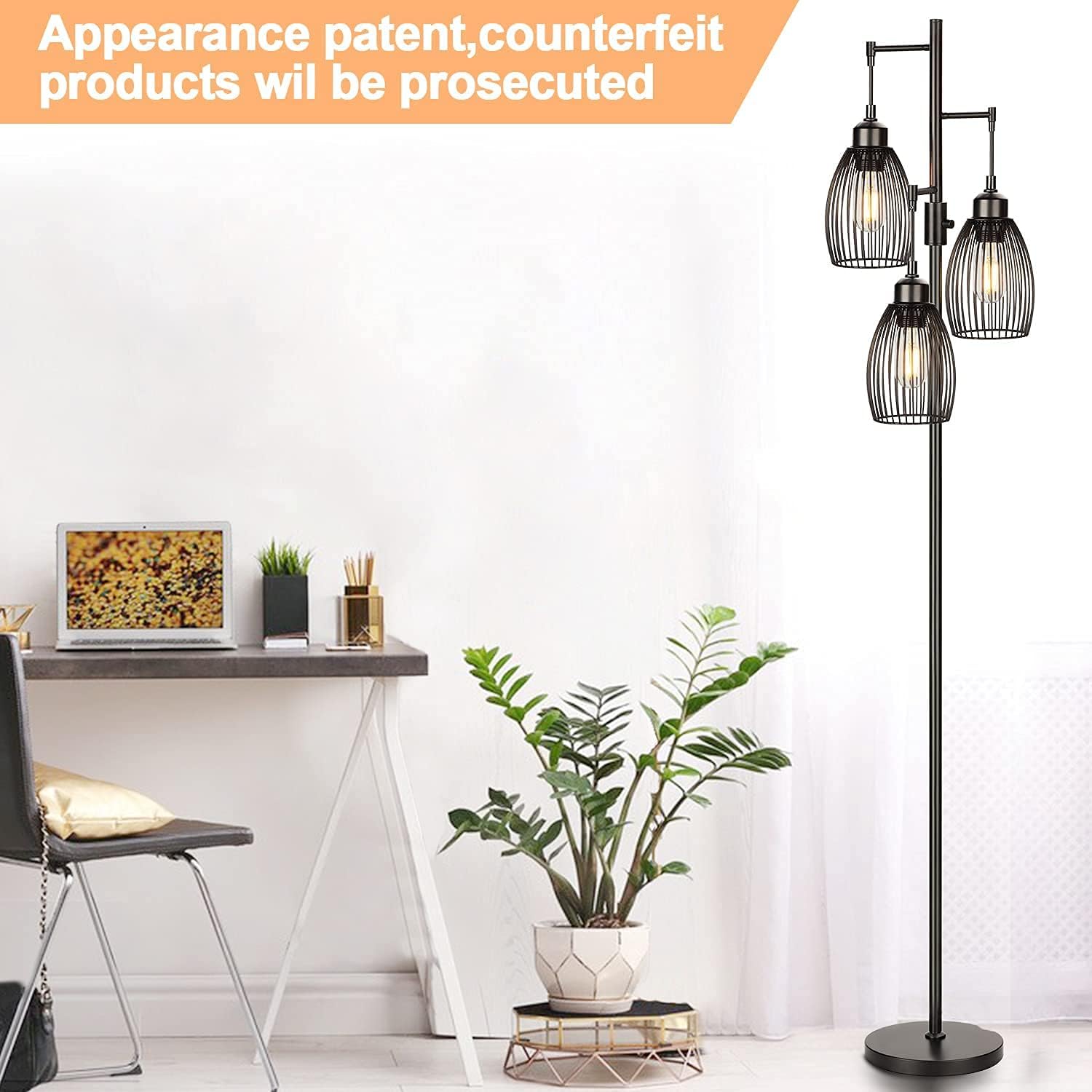 Up To 60% OFF Dimmable Floor Lamp, 3 x 800LM LED Edison Bulbs Included, Farmhouse Industrial Floor Lamp Standing Tree Lamp with Elegant Teardrop Cage Heads Tall Lamps for Living Room Bedroom