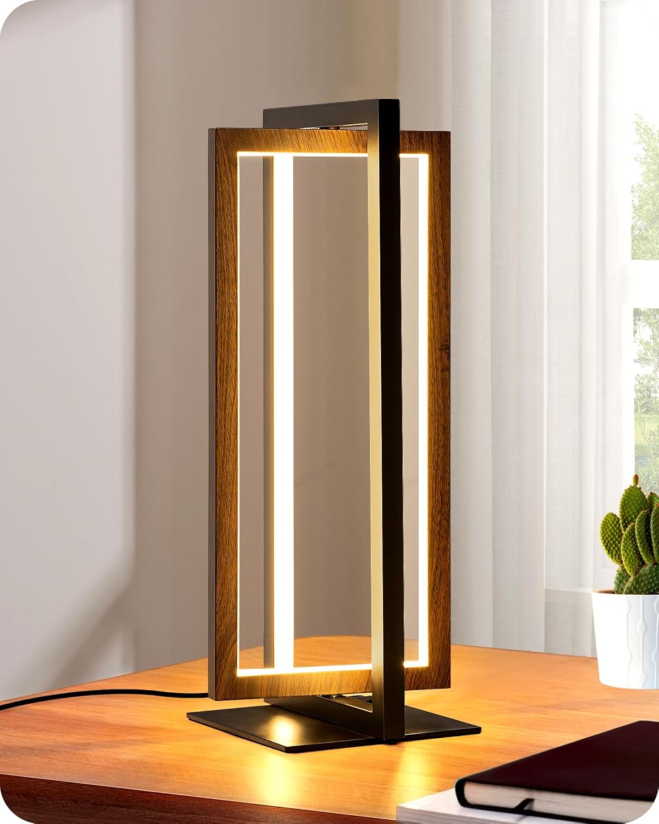 EDISHINE Modern LED Table Lamp, Minimalist Bedside Lamp, Walnut Wood Grain | Stepless Dimmable, MAX 750LM, 3 Color Temperature, Angle Adjustable, Idel for Living Room, Bedroom