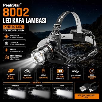 PeakStar Ps-8002 Sensörlü Zoomlu Profesyonel 3000 Lümen Xhp50 Led Usb'li Şarjlı Kafa Lambası [Enerji Sınıfı A+++]