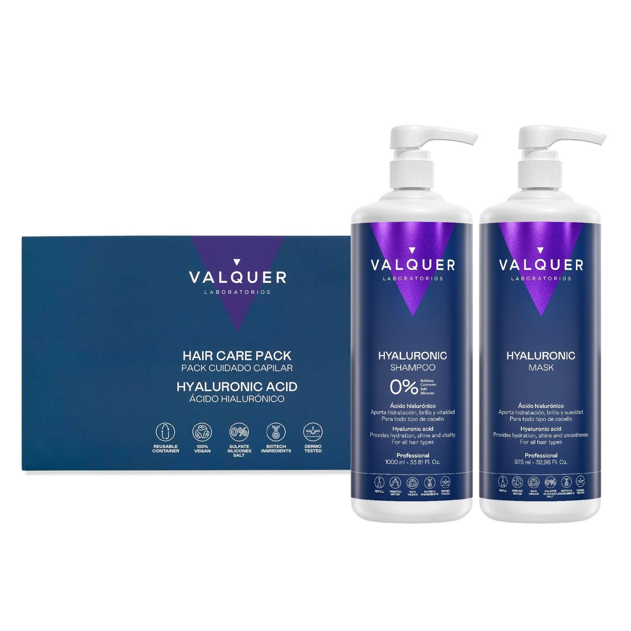 VALQUER Pack Ácido Hialurónico Champú Reparador y Mascarilla Capilar Fórmula Zero | Hidrata y Protege el Cabello Dañado y Seco con Aloe Vera y Keratina | Para Todo tipo de pelo | 1 L + 975 ml
