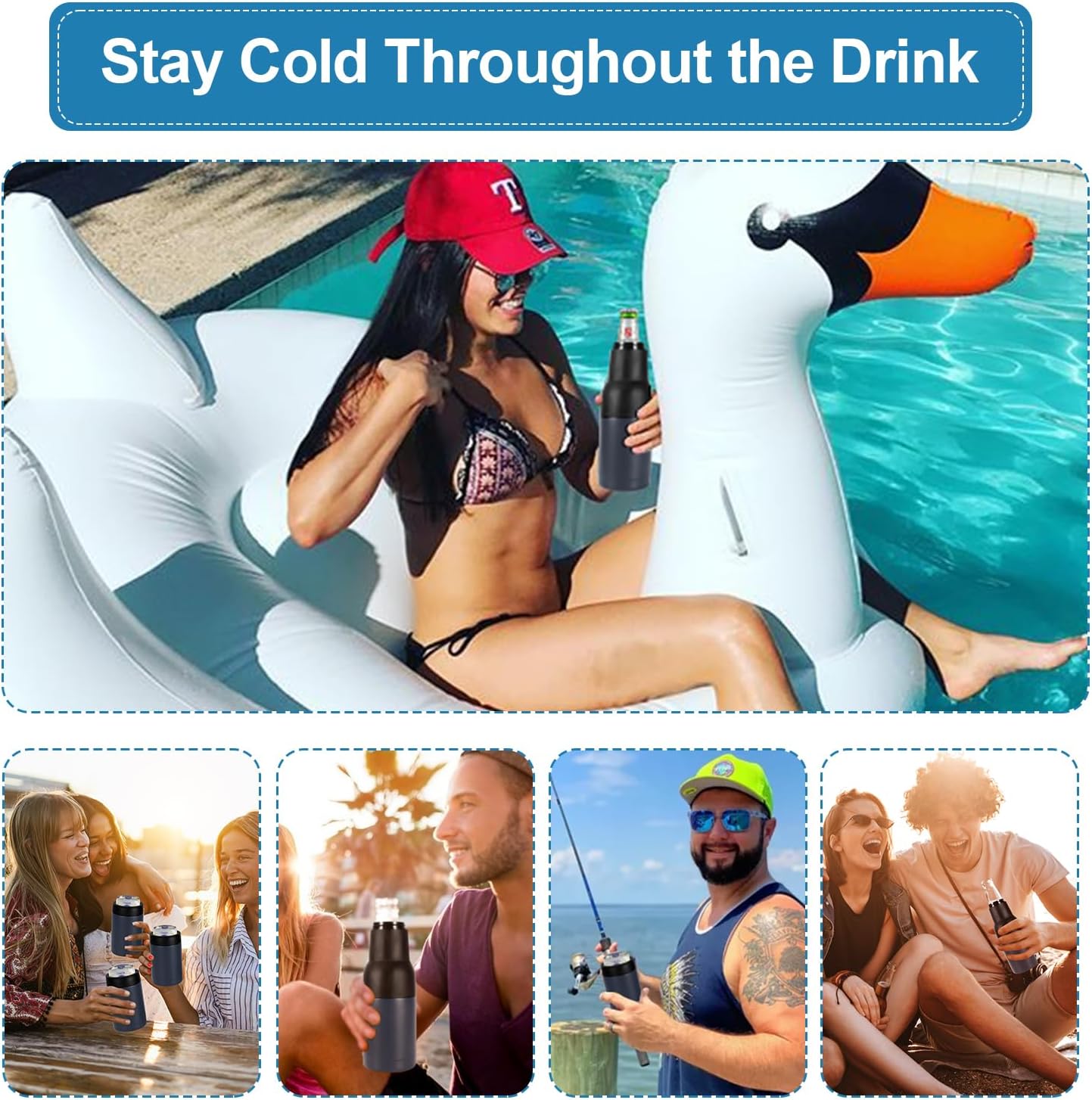 12Oz Vacuum Insulated Double Walled Stainless Steel Beer Soda Bottle and Can Cooler with Beer Opener, 3 in 1 Slim Can Beer Bottle Insulators Holder Ice Cold for Hours Beer Lovers - Navy Blue - Image 6