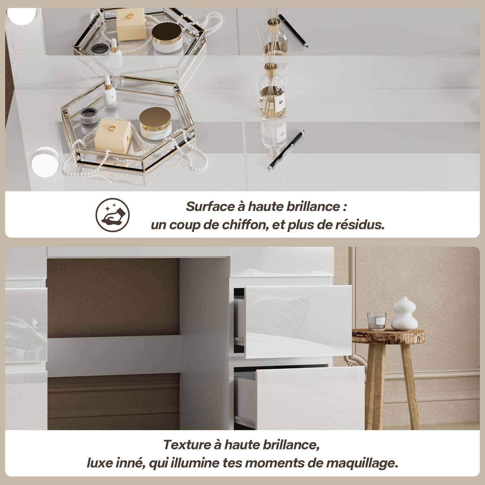 TRIUMPHKEY Coiffeuse Blanc Haute Brillance avec Grande Miroir et Multiprise, 12 Ampoules LED Réglables, Table de Maquillage avec 7 Tiroirs, Rangement de Bijoux, 120x40x140cm Grande Commode Moderne