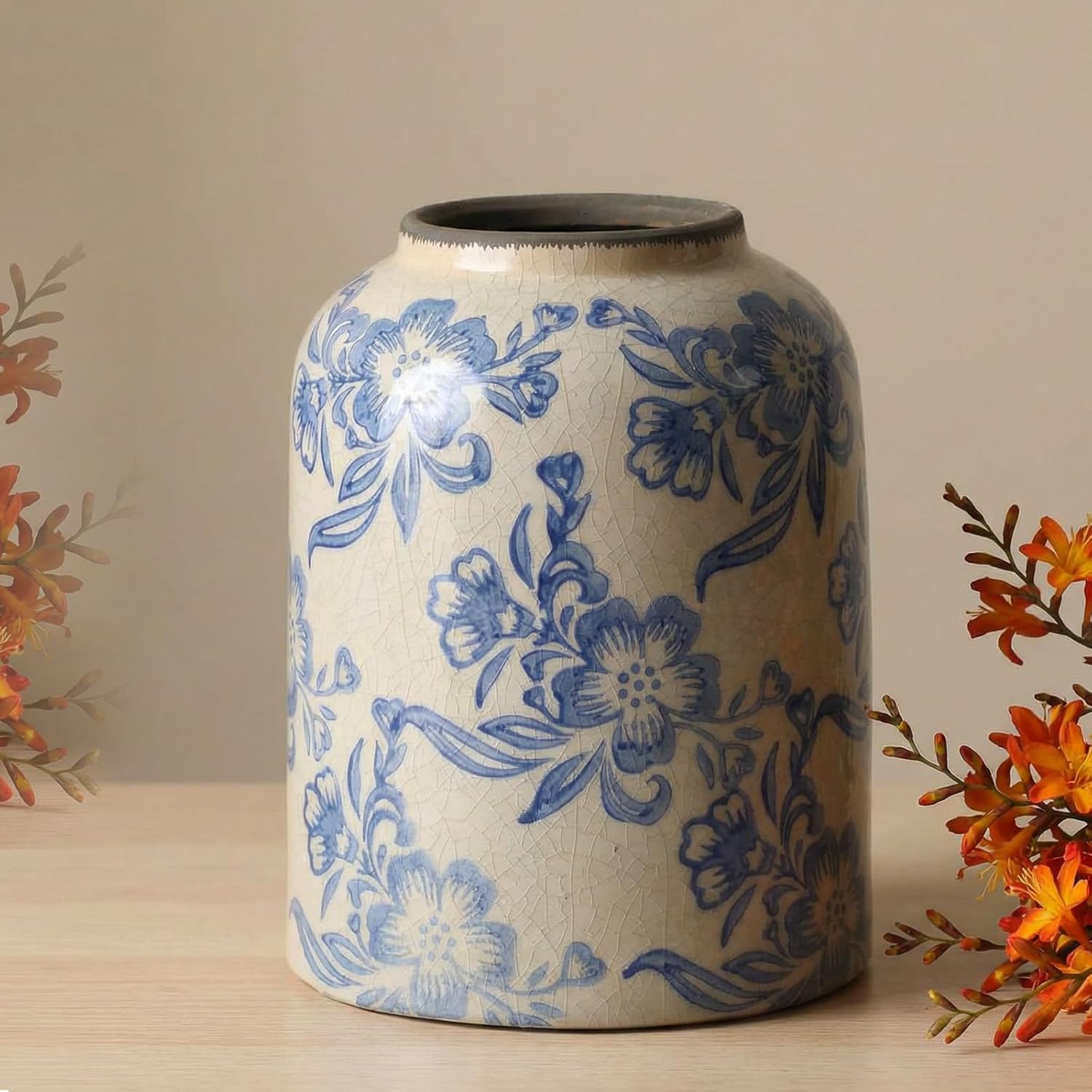 Blue and White Vintage Chinoiserie Ceramic Vase Porcelain Farmhouse Flower Vase Ice Cracked Living Room Home Table Centerpieces Mantle Decor