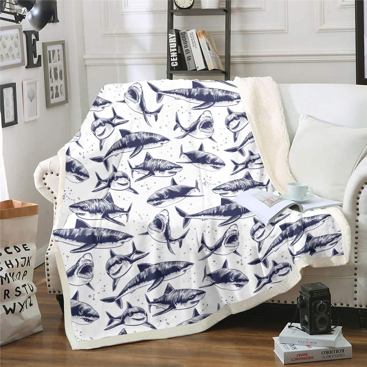 Loussiesd Boys Colour 20 Cartoon Shark Throw Blanket Marine Life Ocean Theme Blanket For Kids Girls Teens Underwater Animal Fleece Blankets Creature Sealife Plush Blankets Room Decor Fuzzy Blanket Baby 30"X40"