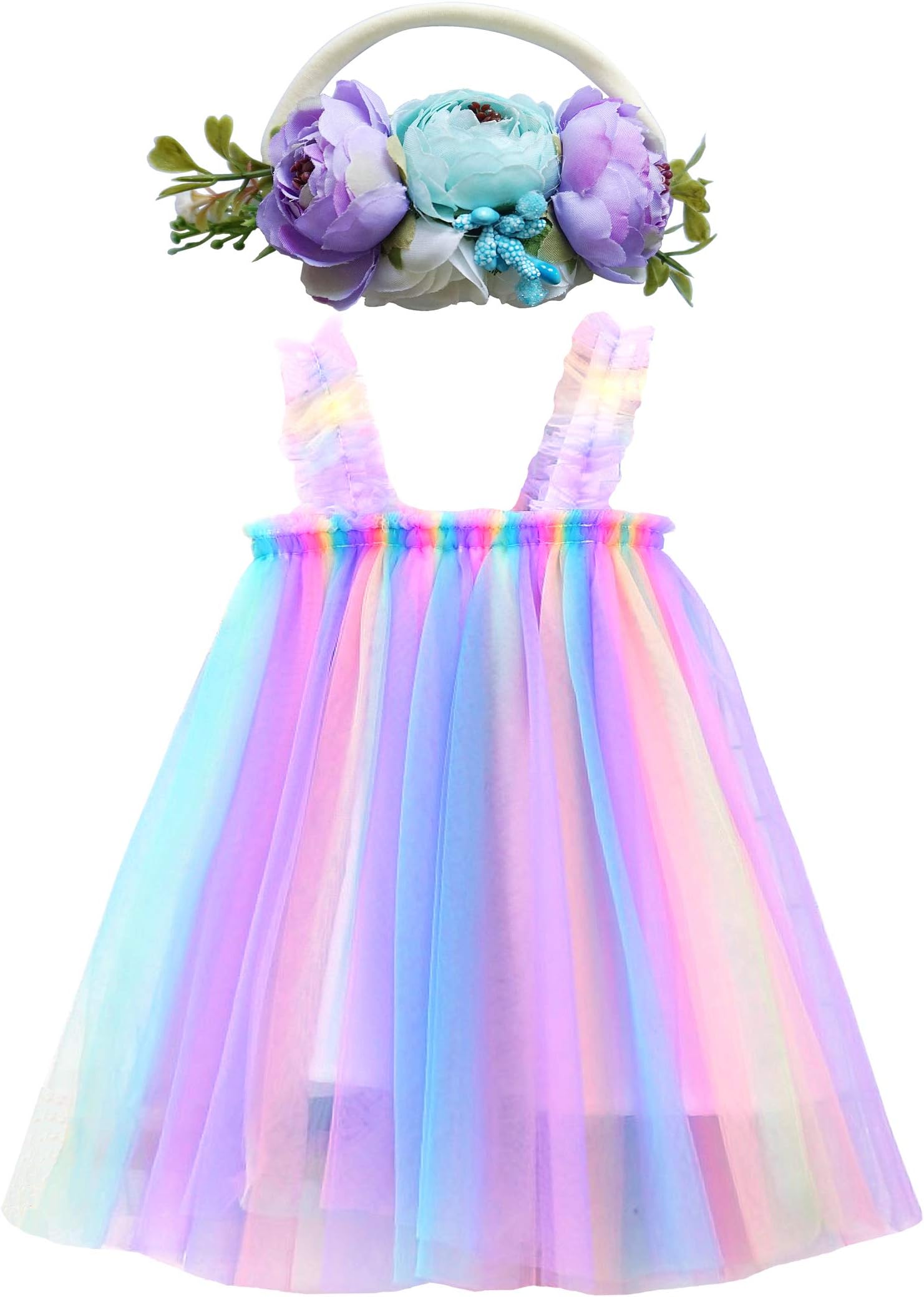 BGFKS Layered Tulle Tutu Dress for Toddler Girls,Baby Girl Rainbow Tutu Princess Skirt Set with Flower Headband.