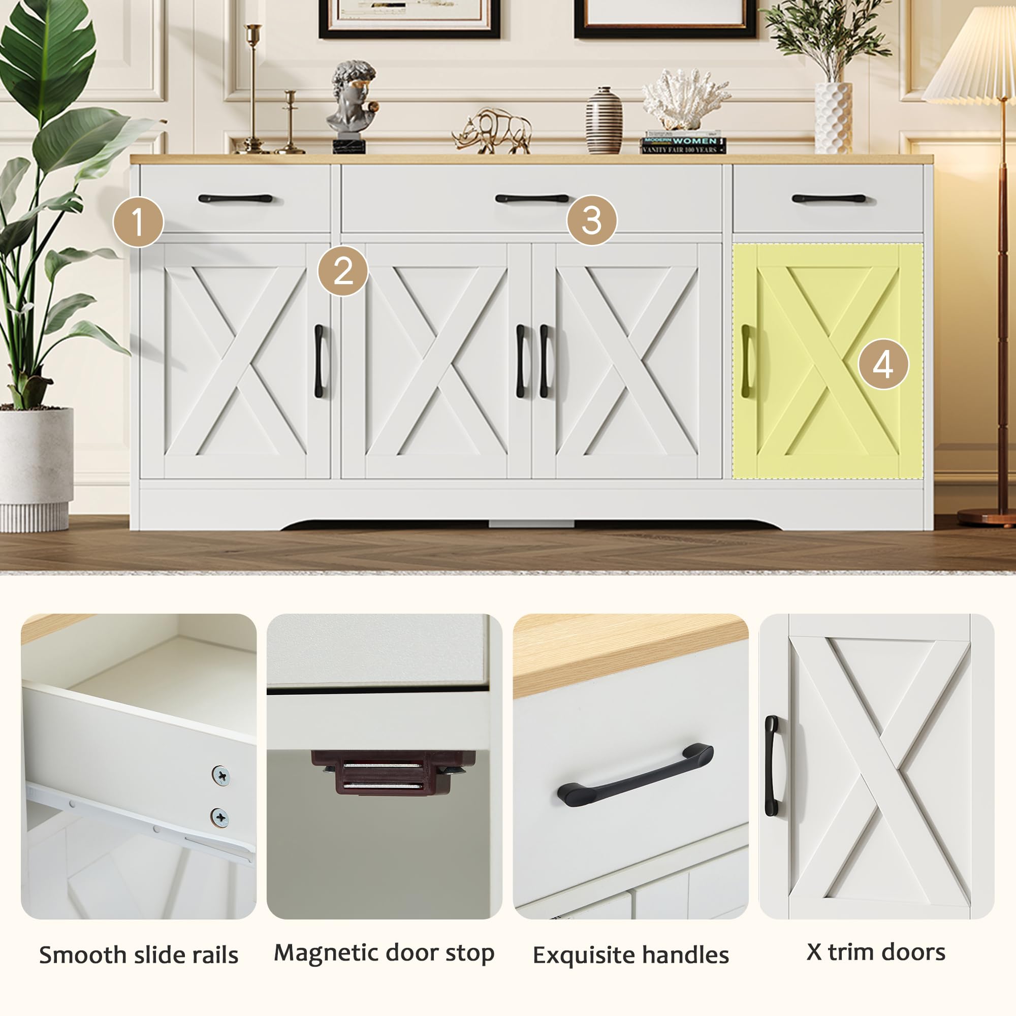 Credenza moderna per il soggiorno, 160x37x75cm, mobile multifunzionale in legno, mobile soggiorno, credenza soggiorno, cassettiera bianca, mobile ingresso, madia