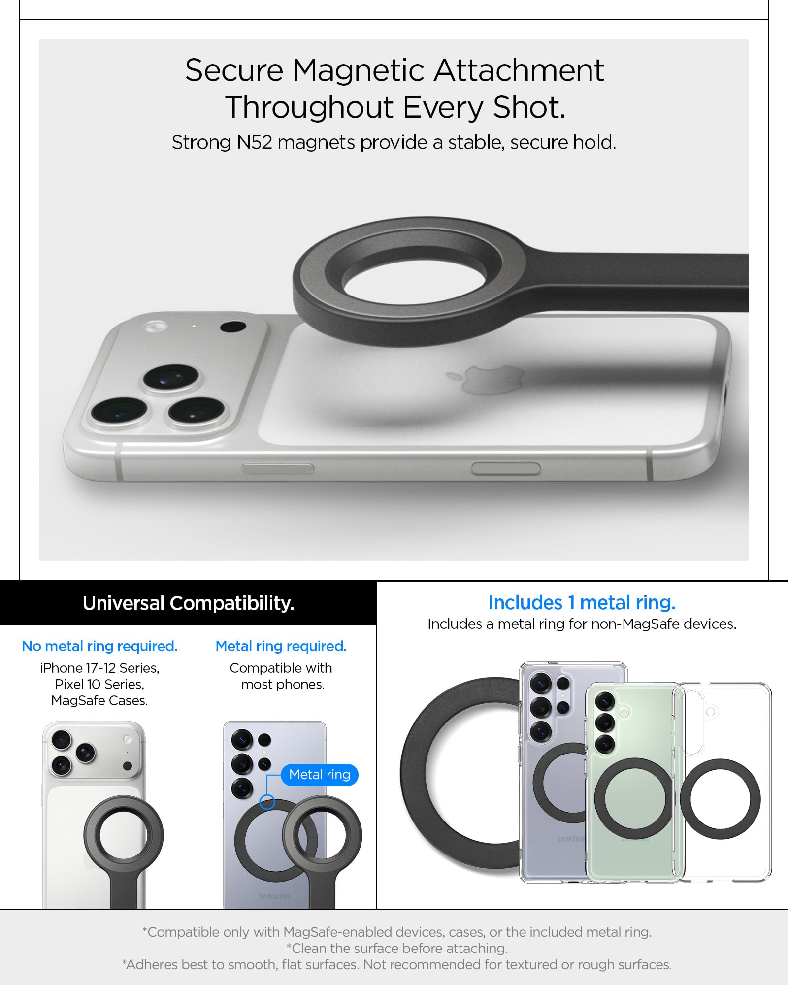 Spigen S582W Selfie Stick Treppiede MagSafe, Bastone Selfie con Telecomando Bluetooth, Estensibile 166,5 cm, Testa 360°, Supporto Magnetico, Anello Universale - Nero