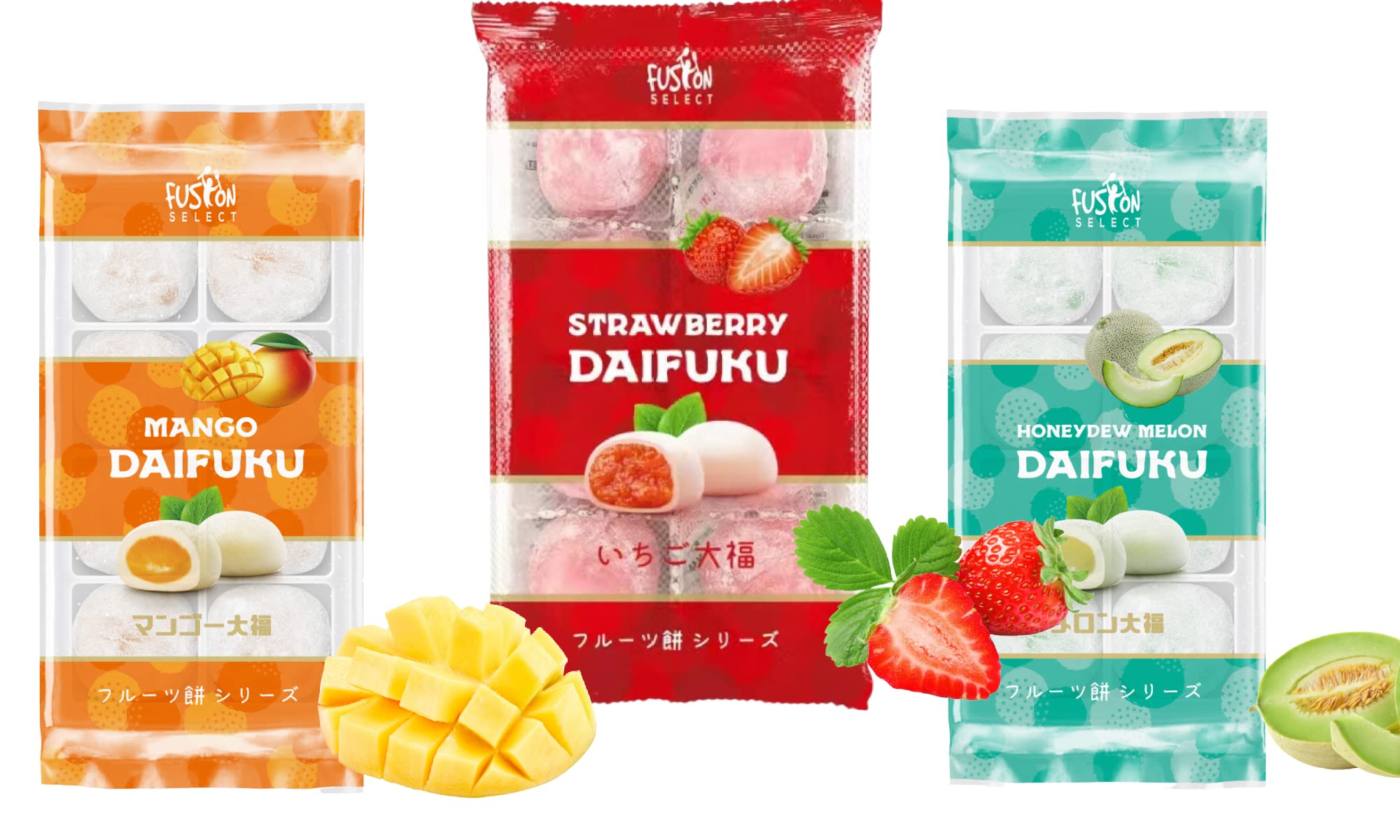Fusion SelectJapanese Variety Fruit Strawberry Melon Mango Flavor Daifuku Mochi Bean Jam Rice Cake Mochi Sampler