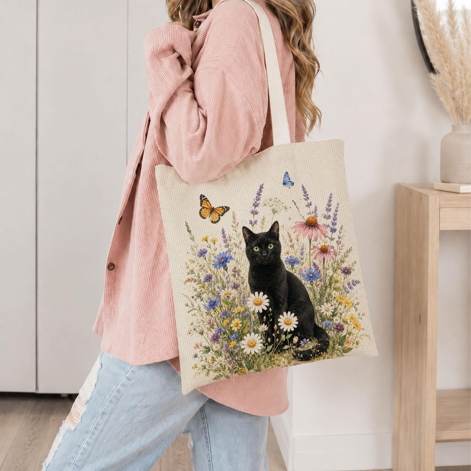 Gifts for Cat Lovers, Black Cat Canvas Bag, Cute Canvas Tote with Pocket image 2