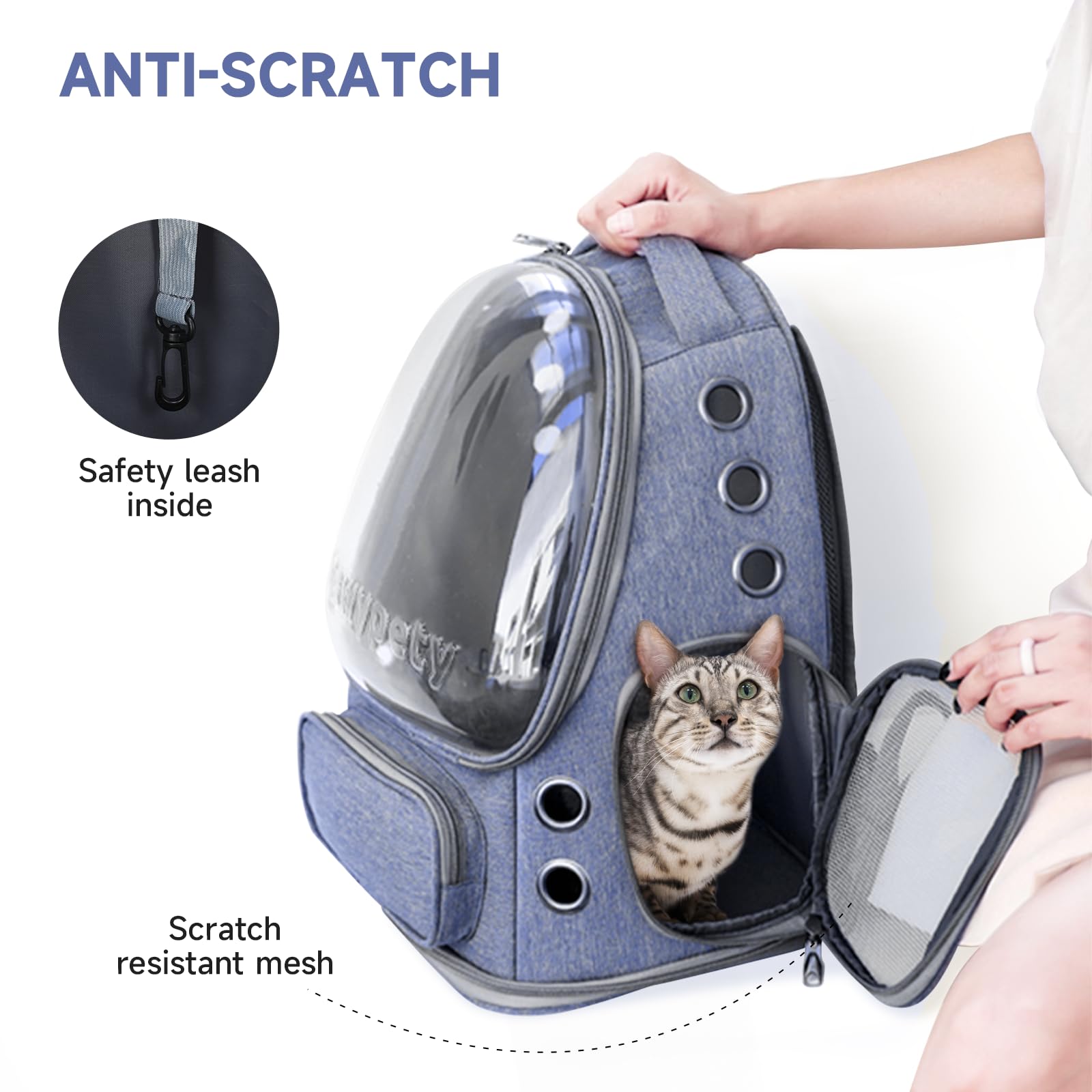 Cawypety Zaino per gatti, traspirante, con bolle spaziali, per cani di piccola taglia fino a 6,8 kg, trasparente e pieghevole, per viaggi ed escursioni (blu