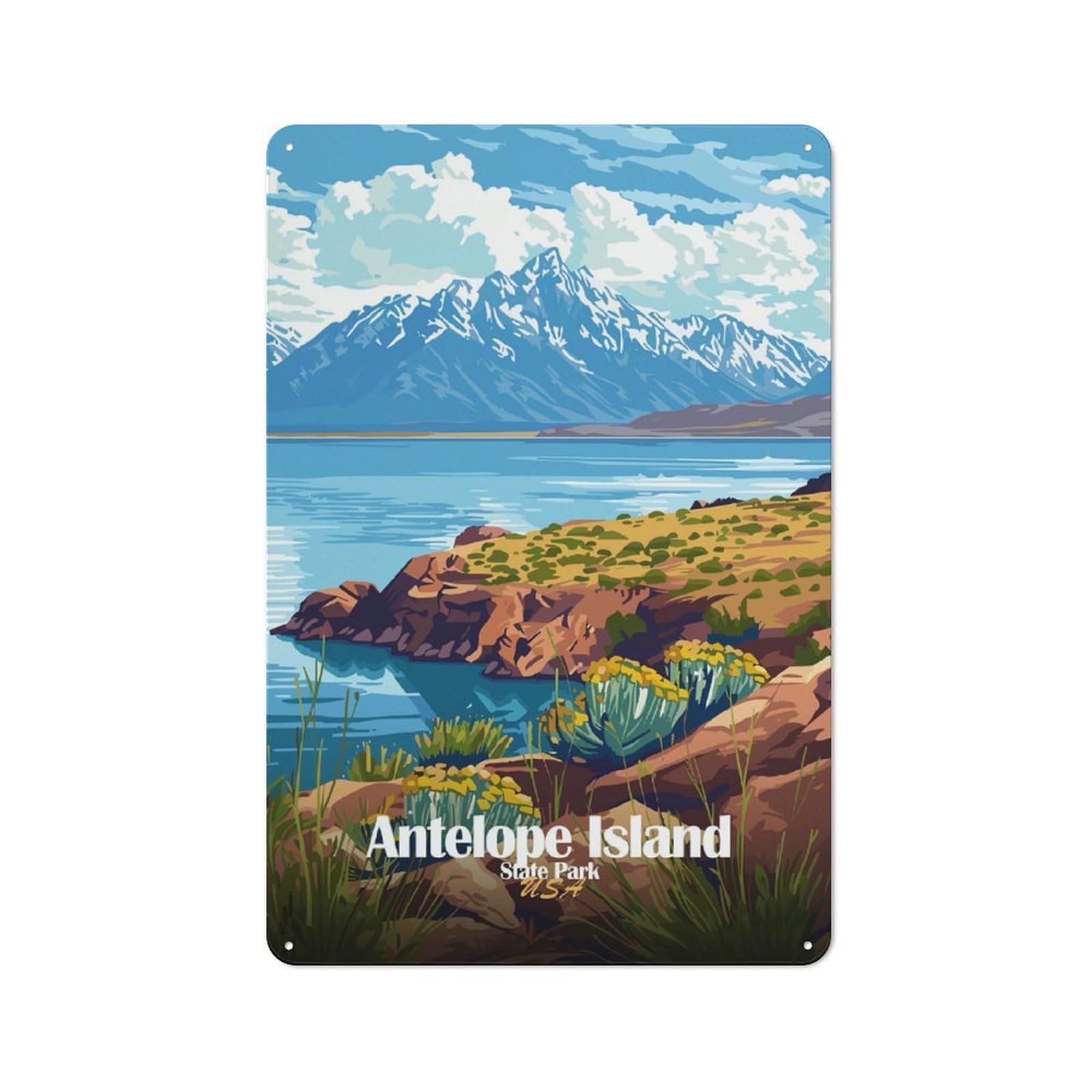 Junmoney Antelope Island State Park Illustration Tin Sign With Design 30X20cm, Vintage Shed Wall Decor For Greenhouse, Garden Room, Cafe Or Entryway