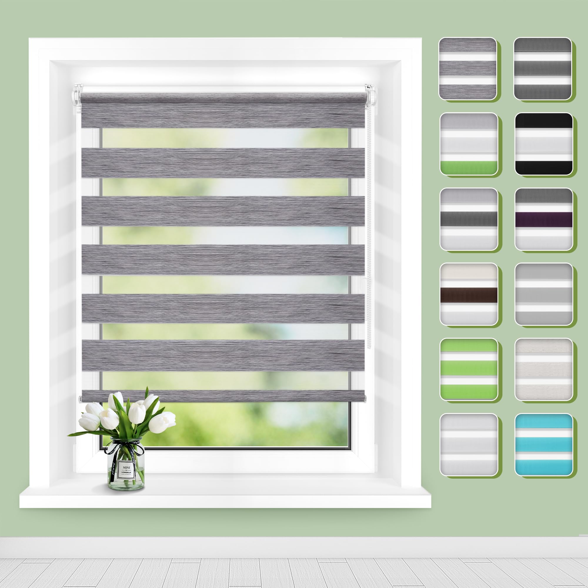 Doppelrollo Klemmfix ohne Bohren B65 x H120cm(Stoffbreite 61cm) Marmor-grau, Rollos für Fenster ohne Bohren, Klemmrollos mit Lichtdurchlässig & Verdunkelnd, Seitenzugrollo Sonnenschutz Rollo