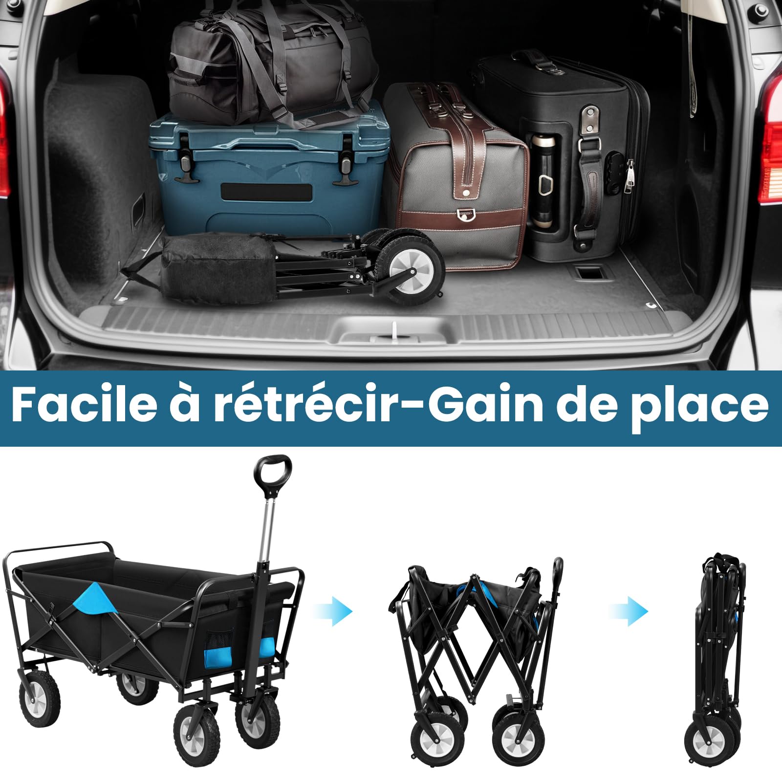 EUGAD 0009HC Chariot de Transport pour Jardin Max. 80kg Chariot Pliable à 4 Roues Tissu Oxford Anthracite+Turquoise